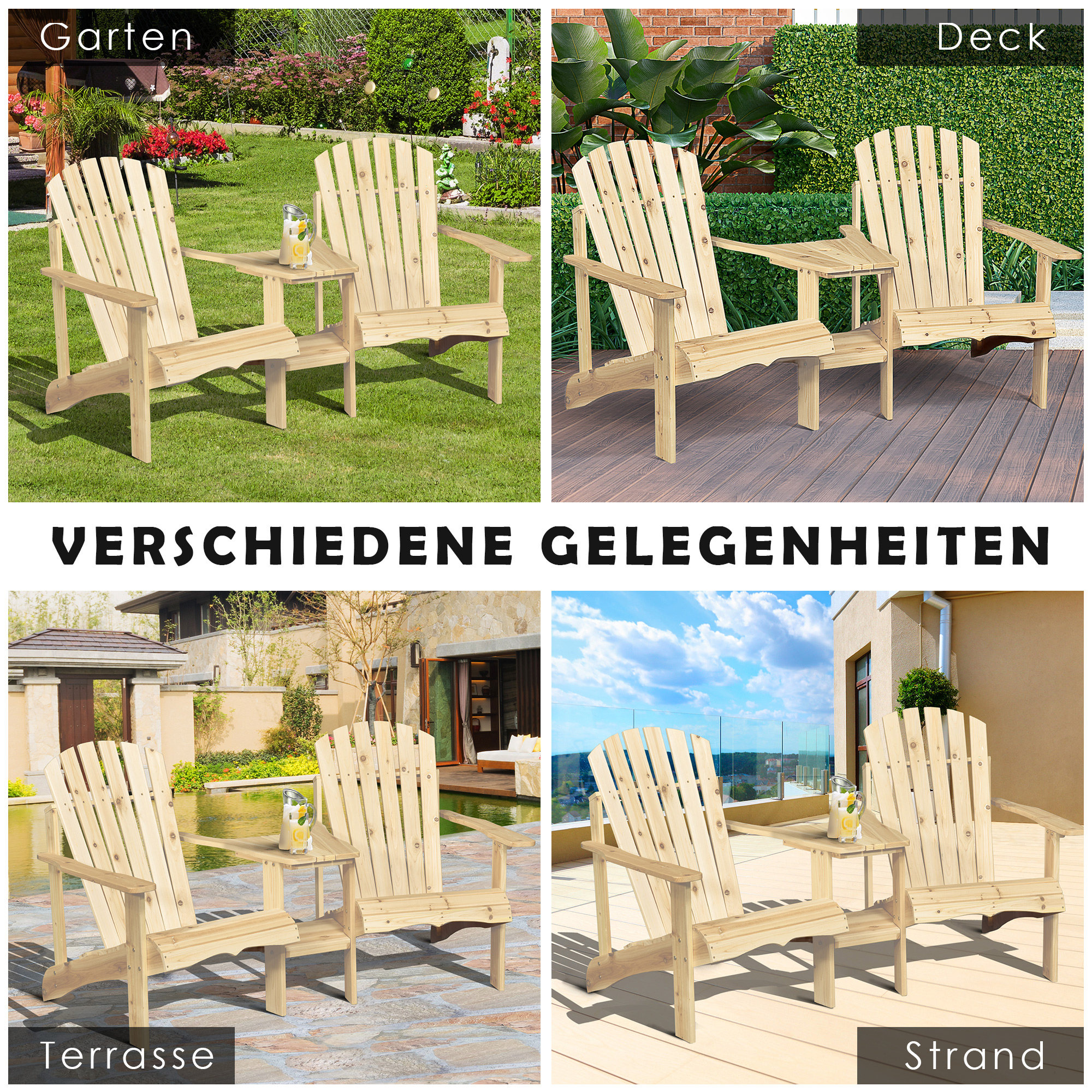 Adirondack Gartenstuhl mit Tisch und Schirmloch 2 Sitzer Gartensessel Sitzgruppe Gartenmöbel für Balkon Massivholz Natur 178 x 87 x 92 cm
