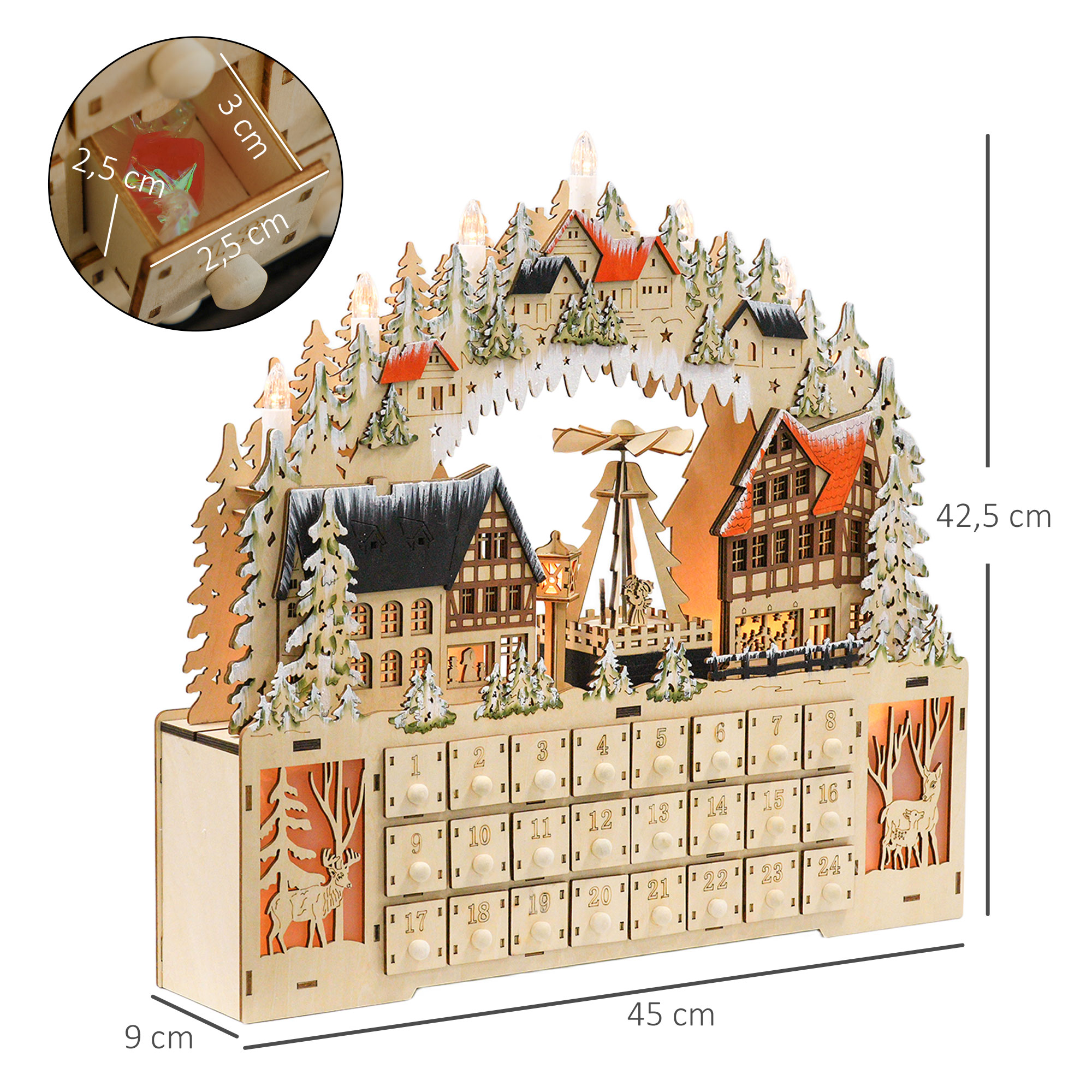 Adventskalender, Weihnachtsdorf, 18 LEDs, 24 Schubladen, wiederverwendbar, 45 x 9 x 42,5 cm