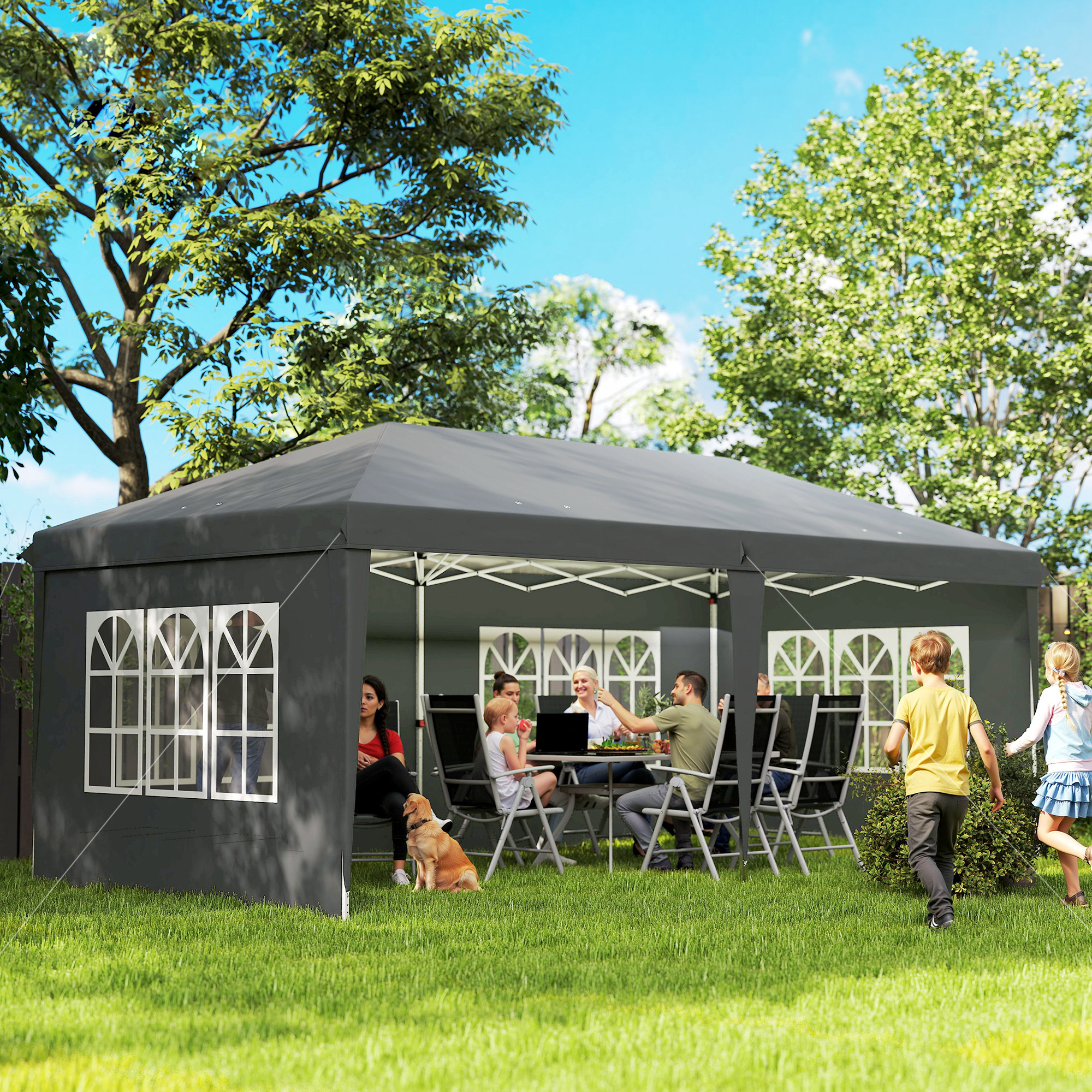 Pavillon ca. 3x6m Wasserdicht Pop-up Faltpavillon mit 4 Seitenwänden, Fenster UV-Schutz Tragetasche Grau