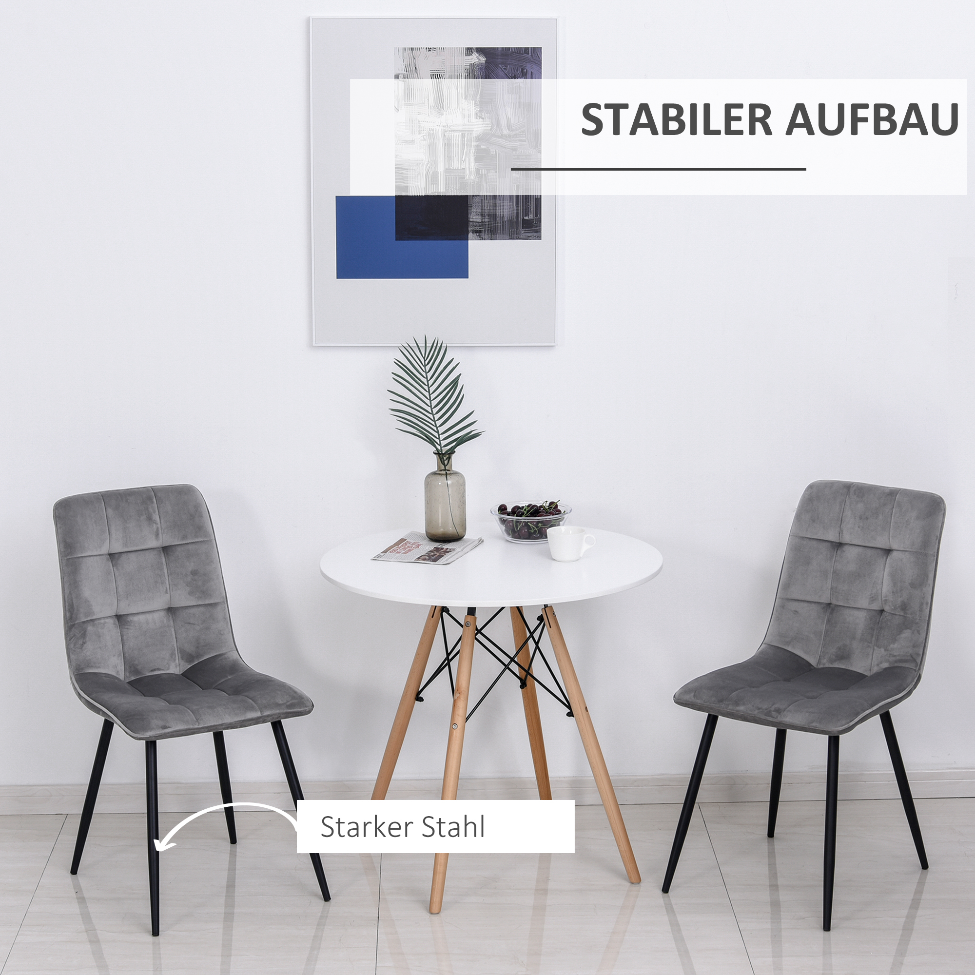 2er-Set Esszimmerstuhl Polsterstuhl Küchenstuhl mit Samt-Optik Esstisch Samt Metall Grau+Schwarz 45 x 63 x 90 cm