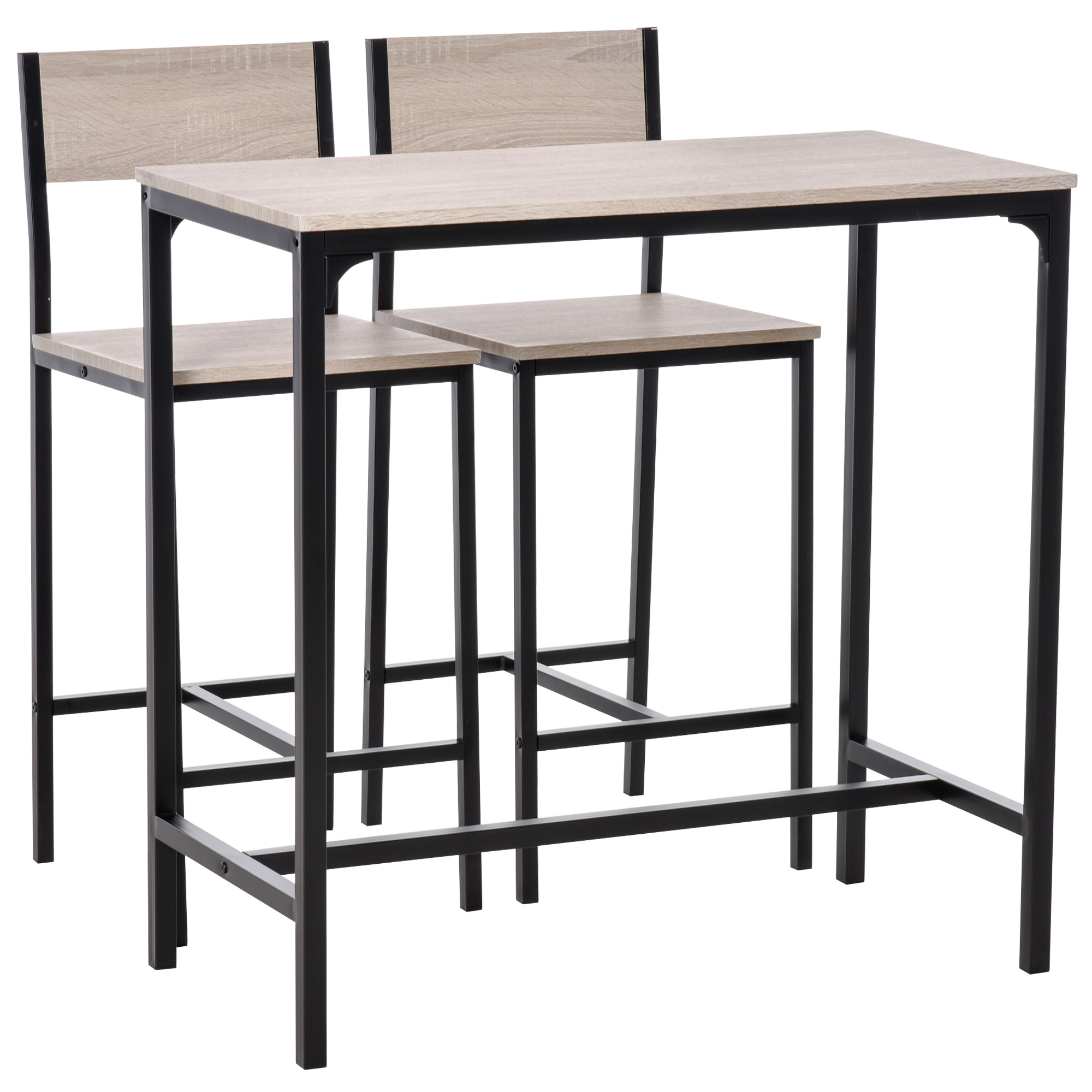 Bartisch Set Bartisch mit Barhocker-Set Esstisch mit 2 Stühlen mit Rückenlehne Küchentisch für Esszimmer, Küche, Natur+Schwarz