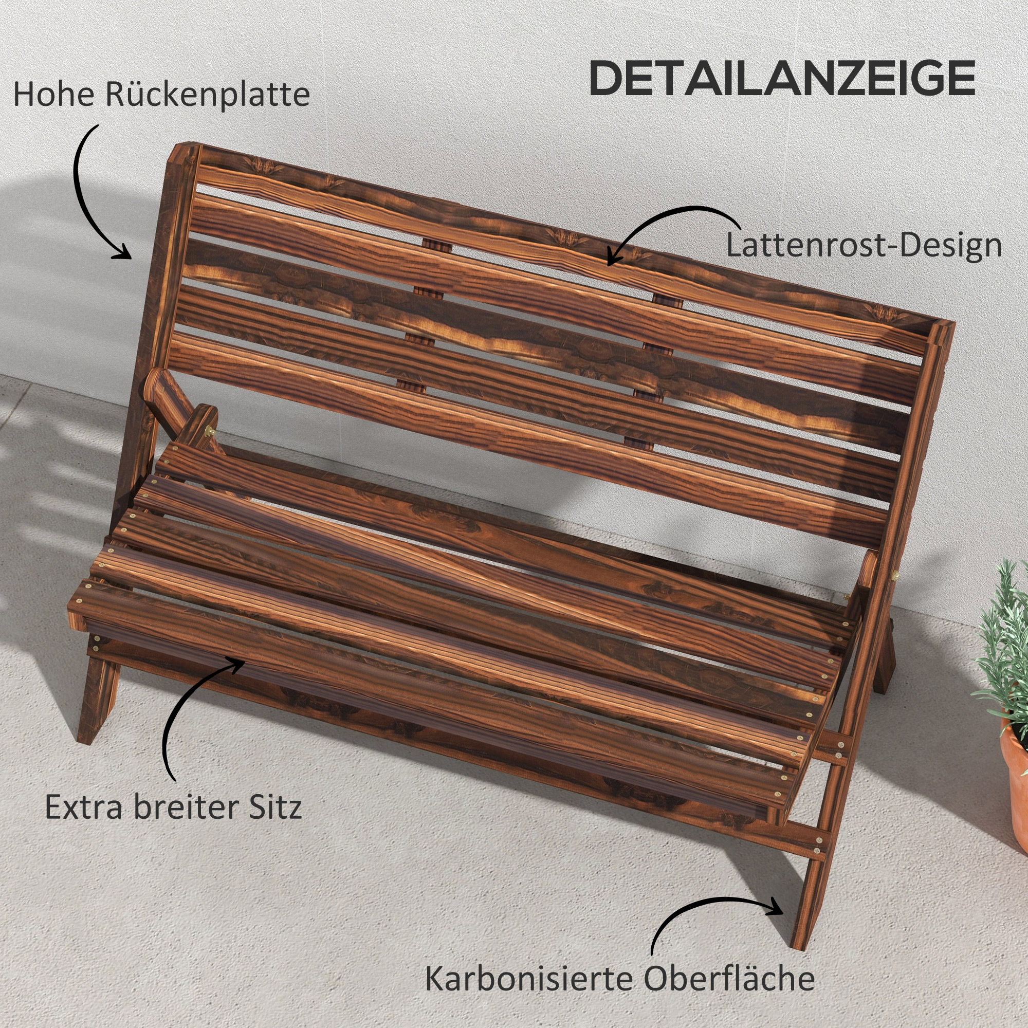 Gartenbank für 2 Personen, rustikales Design, klappbar, Naturholz, 122 x 63 x 83 cm, karbonisierte Oberfläche