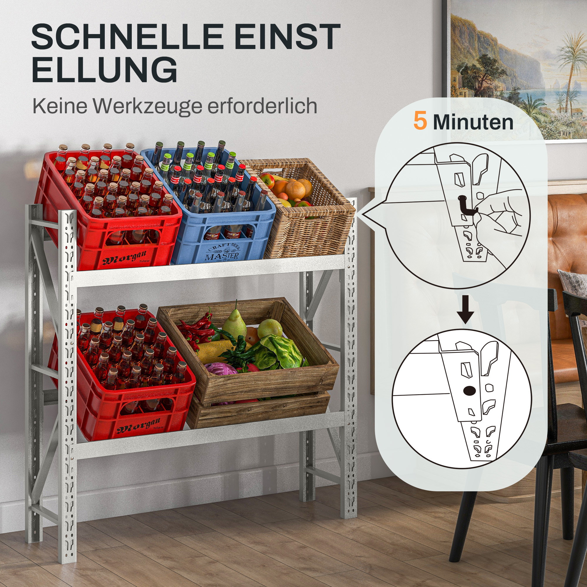 Getränkekistenregal, bis 6 Kisten, höhenverstellbar, Stahlrahmen, 110x30x110 cm, Weiß