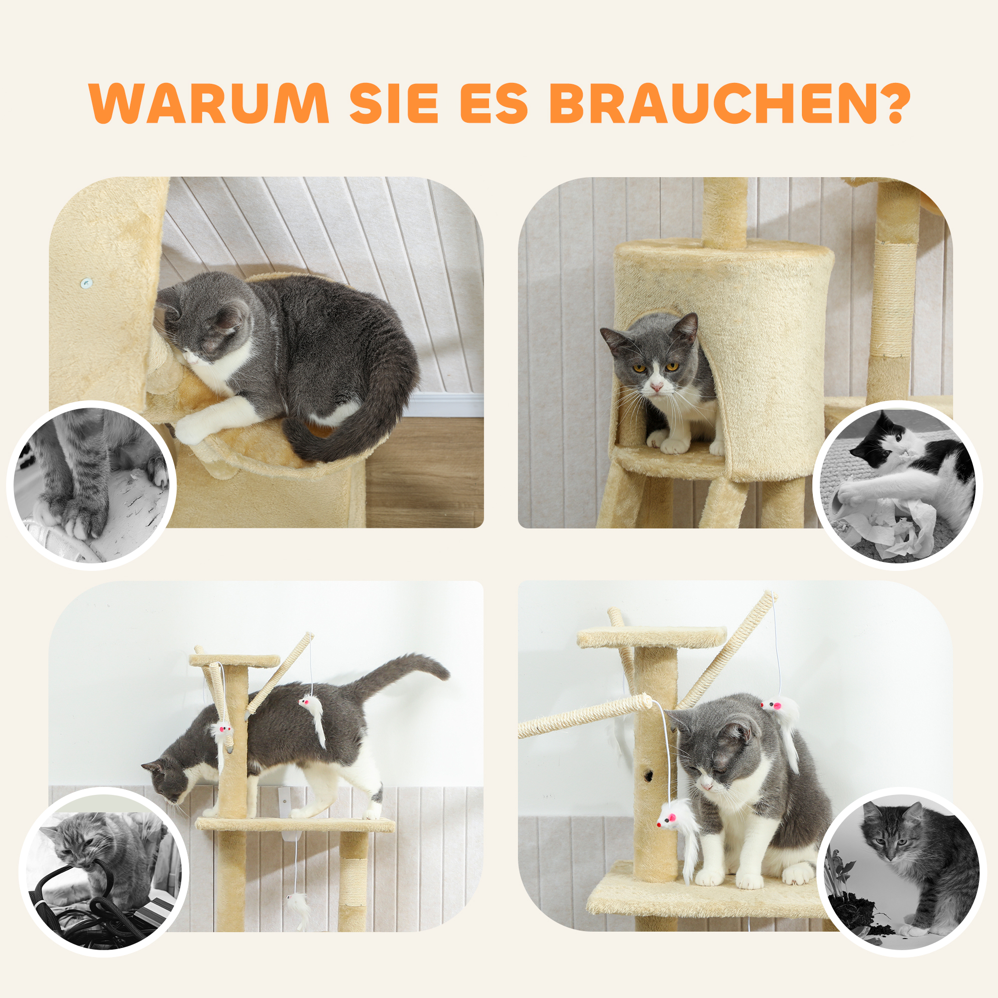 Kratzbaum Katzenbaum mit Höhle, 4 Spielzeuge, Sisalstämme, große Plattform, Treppe, für Katzen unter 5 kg, Beige