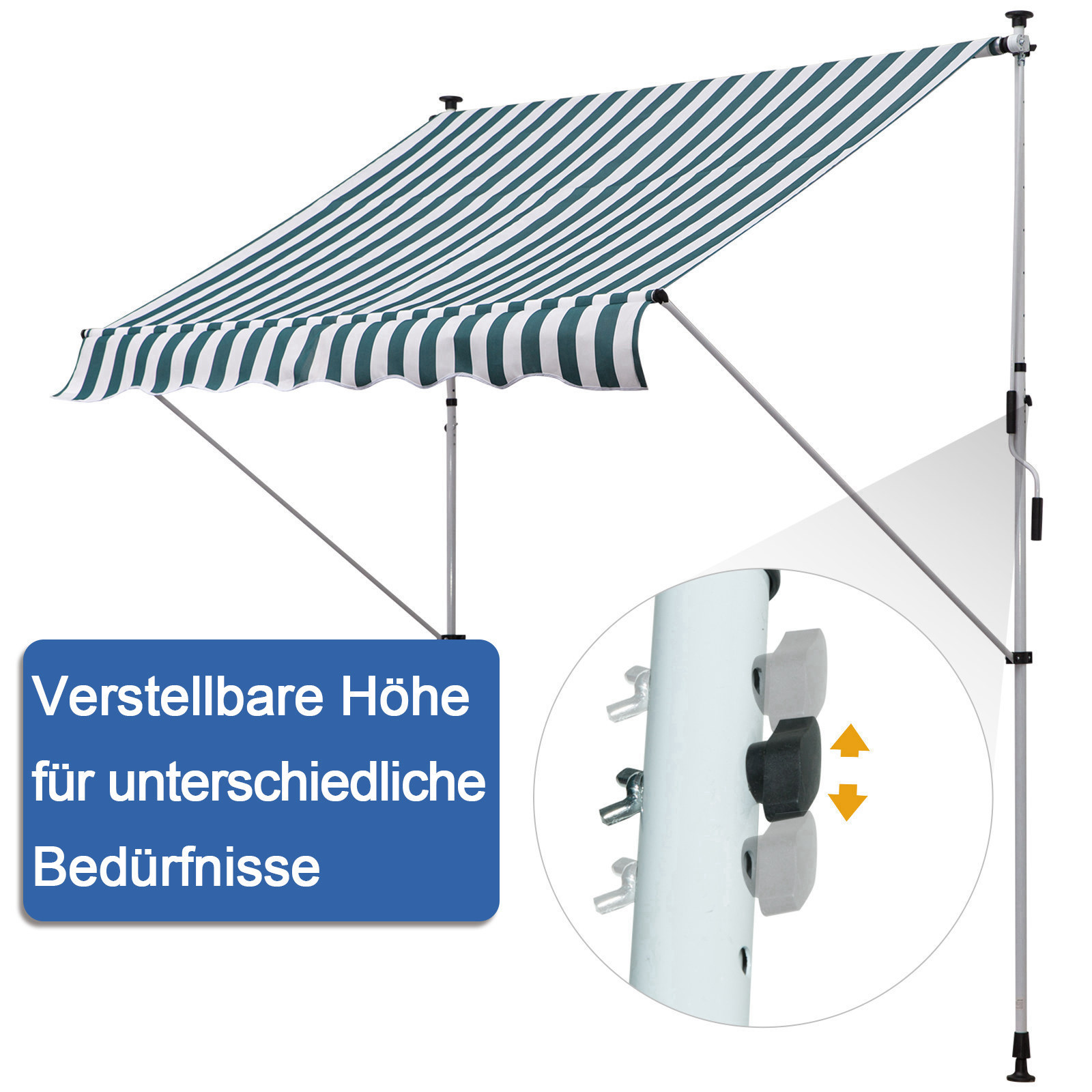 Klemmmarkise mit Handkurbel höhenverstellbar Gelenkarmmarkise schmutzabweisend, witterungsbeständig Balkonmarkise 150cm breit Terrassenmarkise für Terrasse Balkon Veranda Grün
