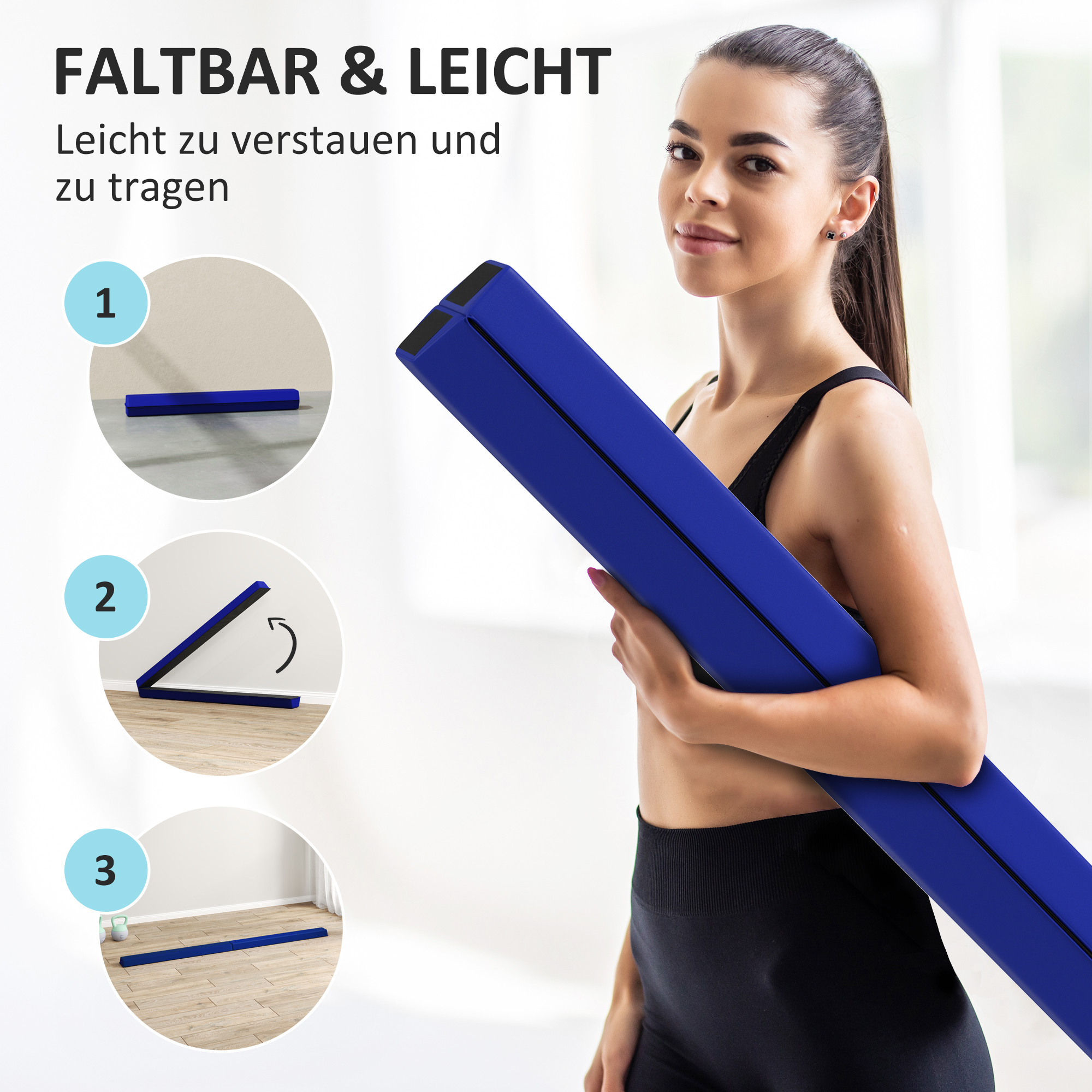 Schwebebalken 2,4 m, faltbar, rutschfester Boden, für 3+ Jahre, bis 80 kg, Blau
