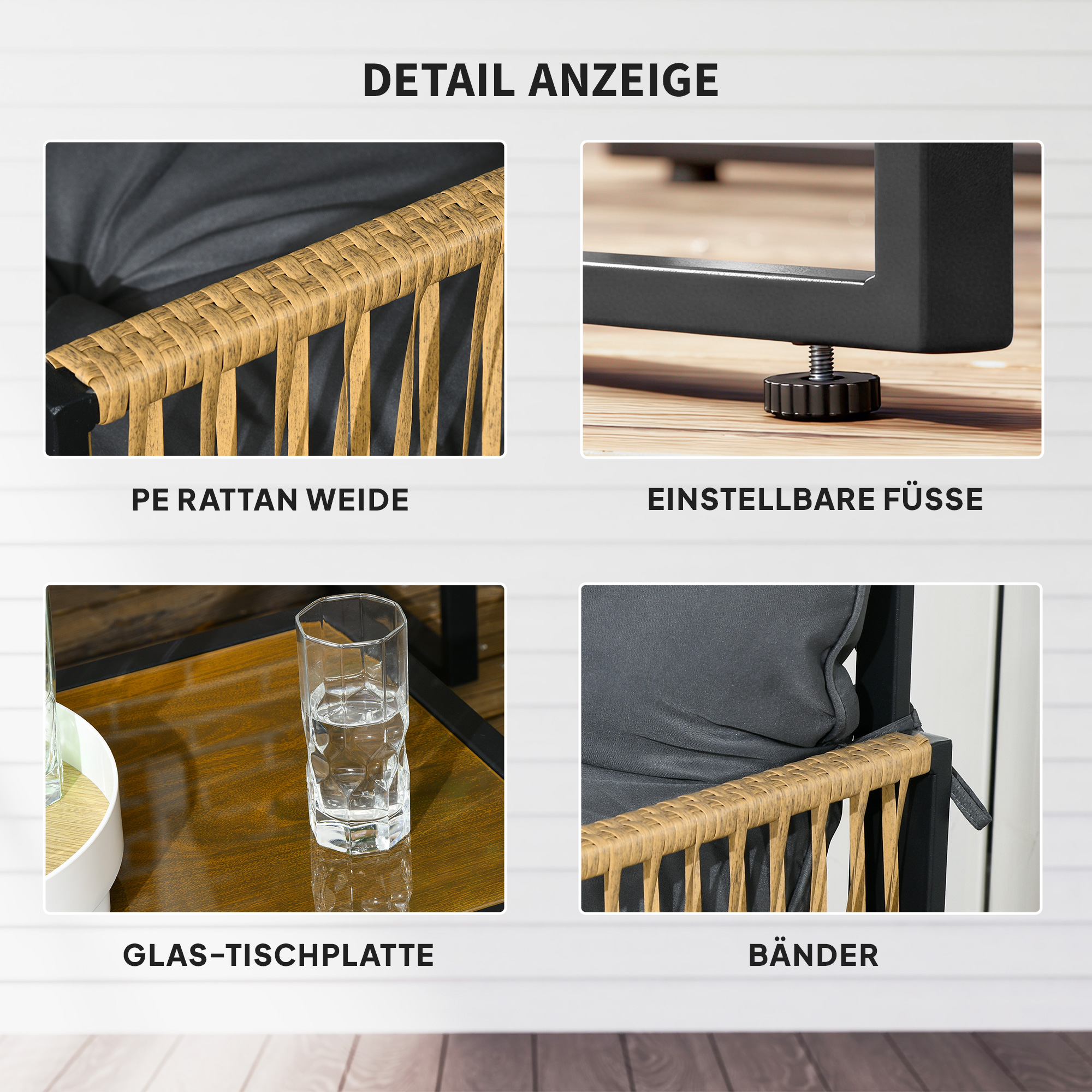 Gartenmöbel-Set, 4-teilig, Sofa, 2 Stühle, Tisch mit Glasplatte, Metallgestell, Polyrattan, Anthrazit