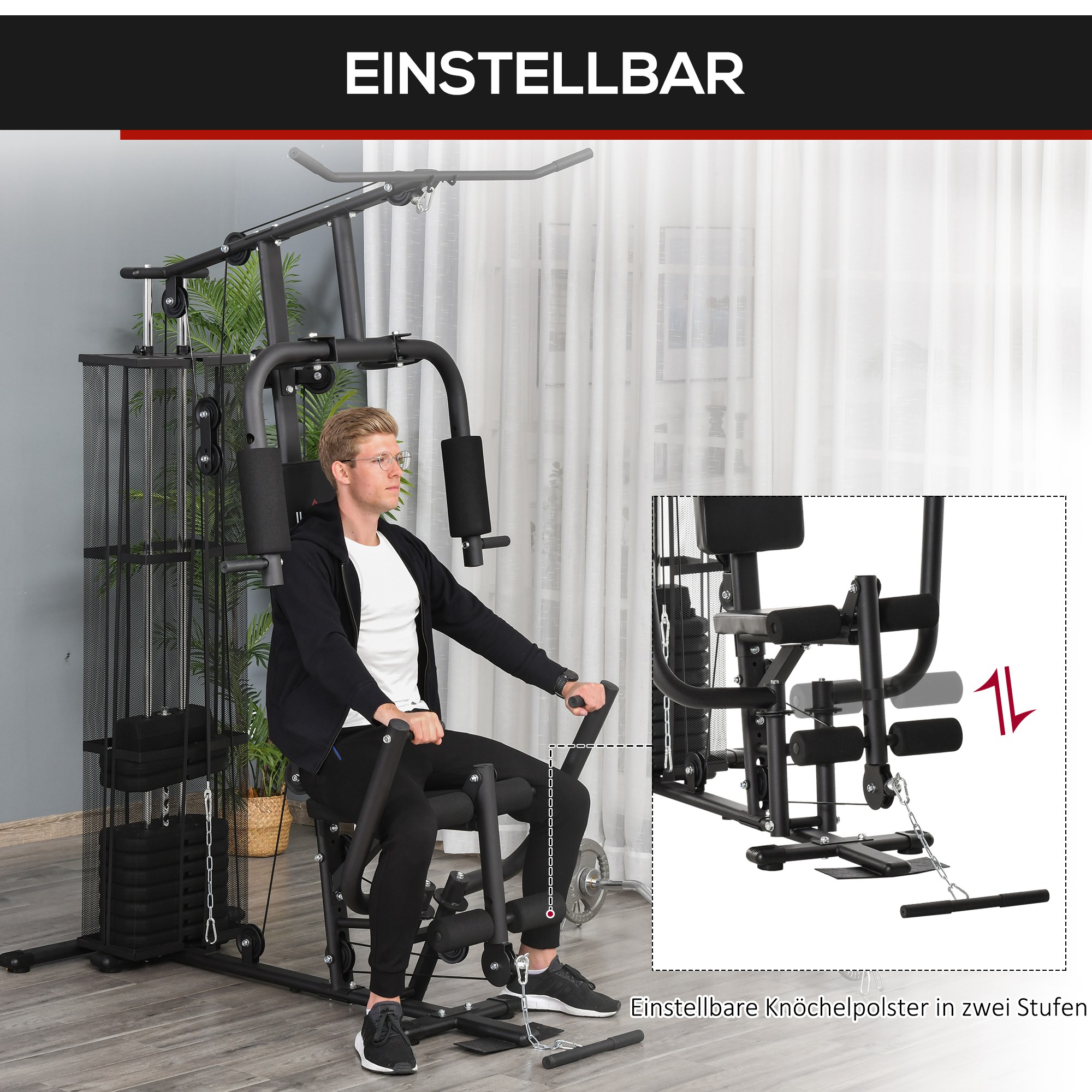 Kraftstation Fitnessstation Fitnessgerät Multifunktion Krafttraining Multistation Trainingsstation mit Latzug Butterflystange 45kg Gewichten Seil, Fitnessgeräte für Zuhause Schwarz