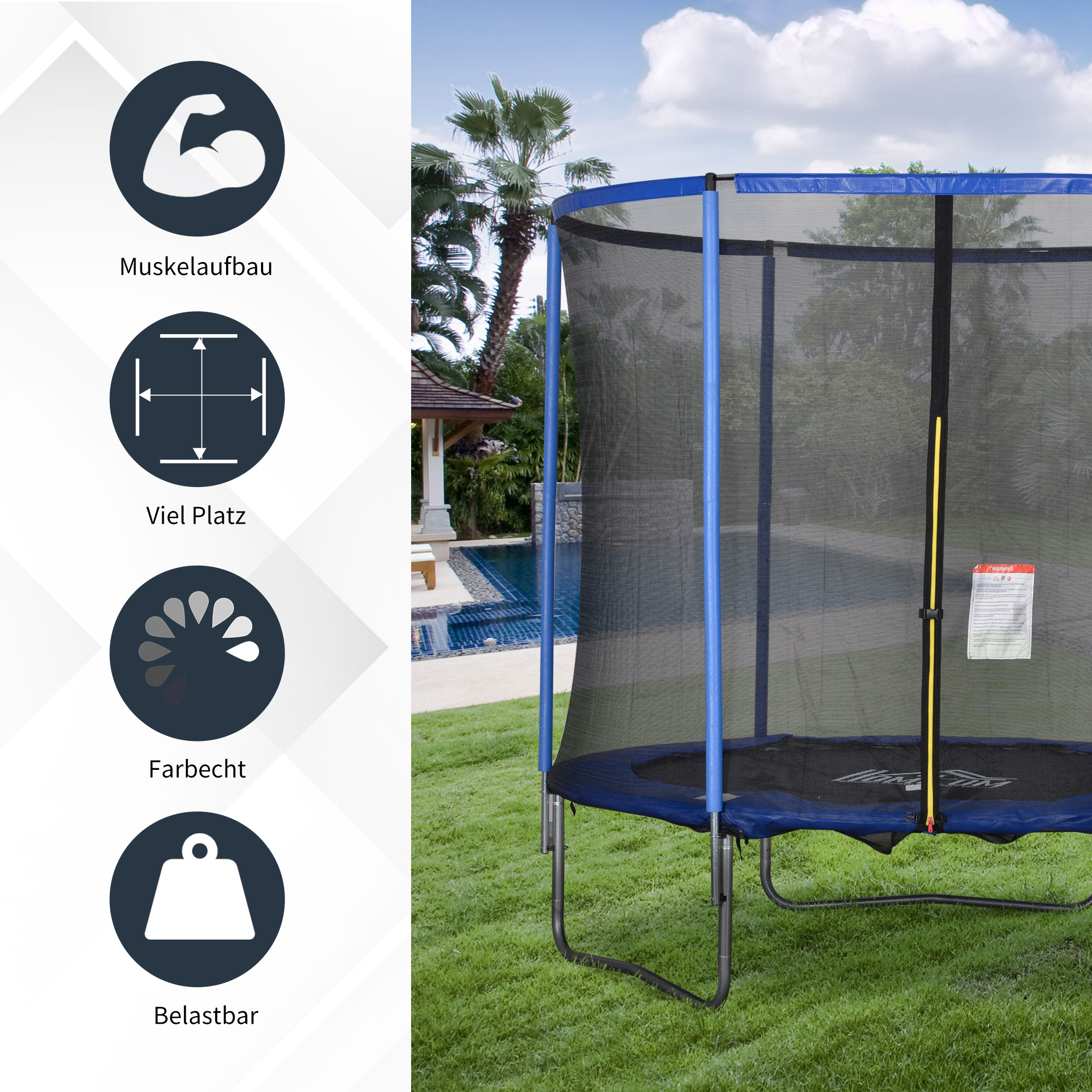 Trampolin mit Sicherheitsnetz Gartentrampolin für Innen- und Außenbereich Fitnesstrampolin für Jugendliche und Erwachsene Stahl Blau+Schwarz bis 113,6 kg Ø244 x 240H cm