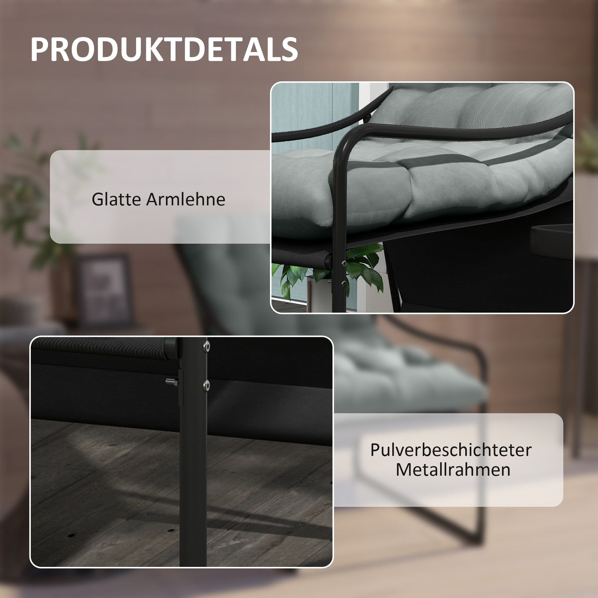 Outdoor Lounge, dicke Polsterung, rostfreier Stahlrahmen, 62B x 110T x 88H cm, Grau/Schwarz