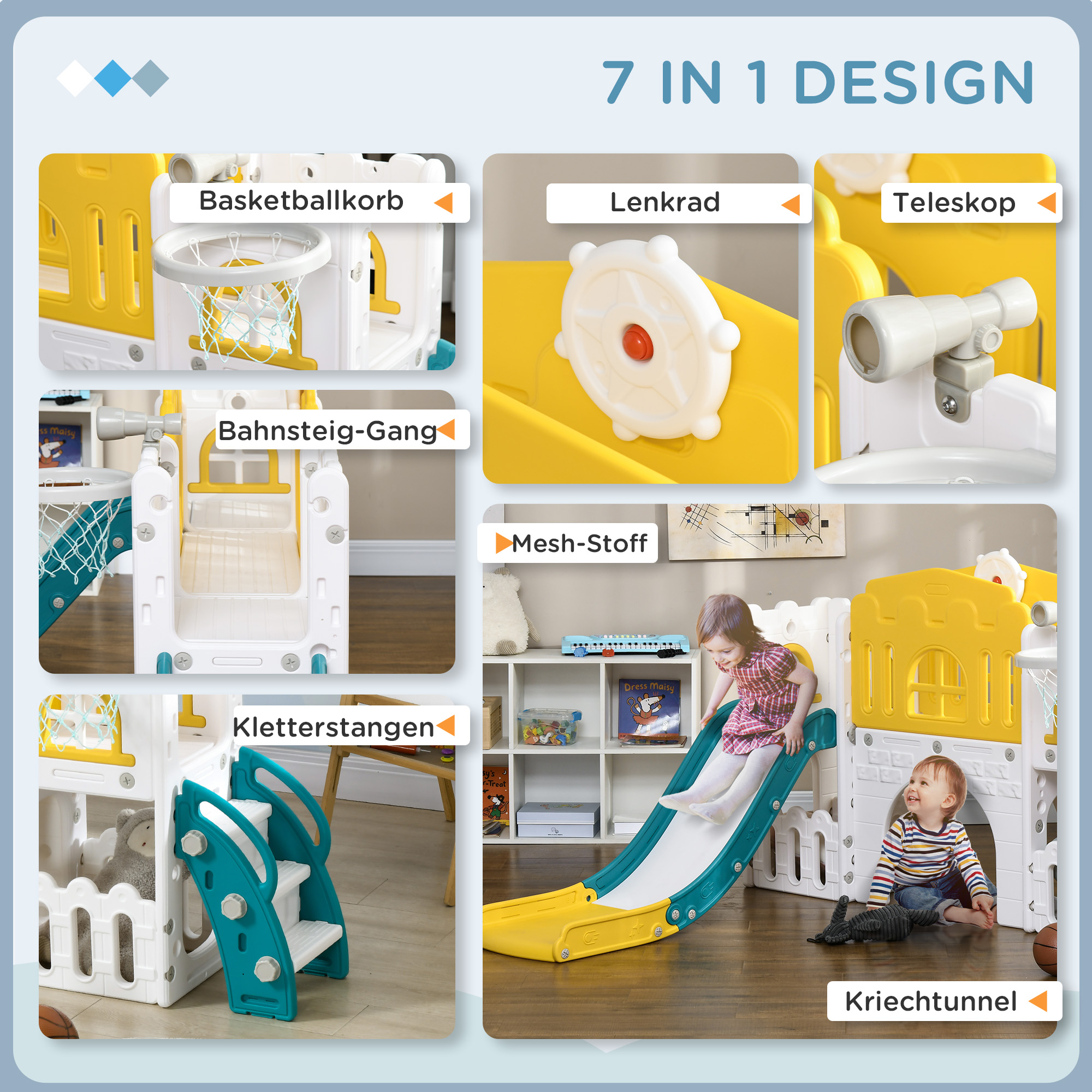 Kinderrutsche, 7-in-1 Spielgerüst, mit Basketball & Lenkrad, für 1-3 Jahre, 178x177x99cm, Gelb/Weiß/Grün
