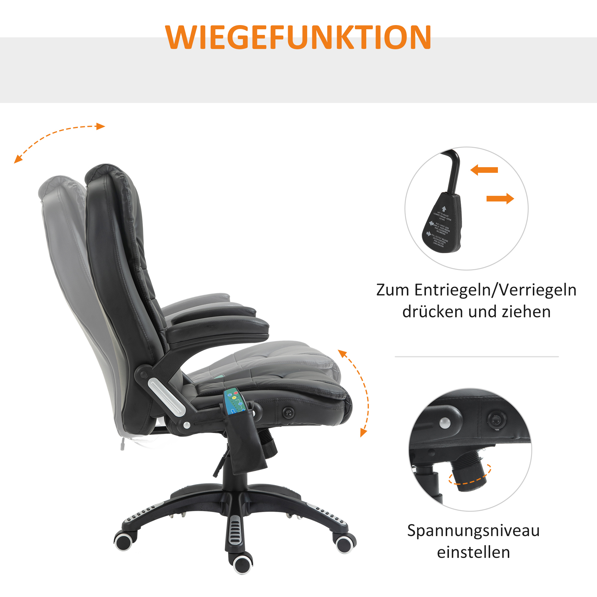 Massagesessel Bürostuhl, Chefsessel mit 6-Punkt-Vibrationsmassage und Wärmefunktion, drehbar Gaming-Stuhl, Kunstleder, 70 x 70 x 111-121 cm, Schwarz