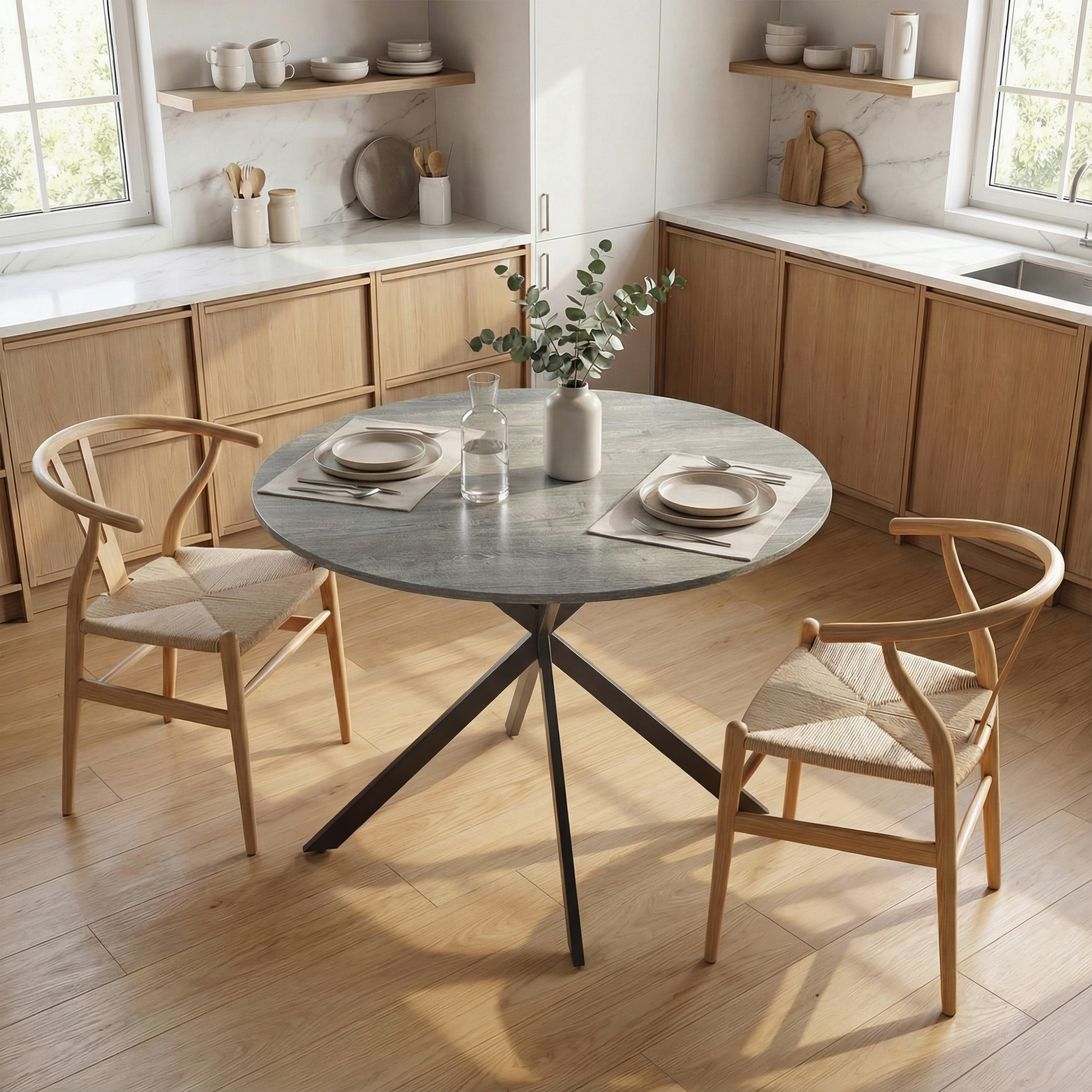 Runder Esstisch für 4 Personen, Küchentisch im Industriestil mit Stahlbeinen, für Esszimmer, Küche, Grau