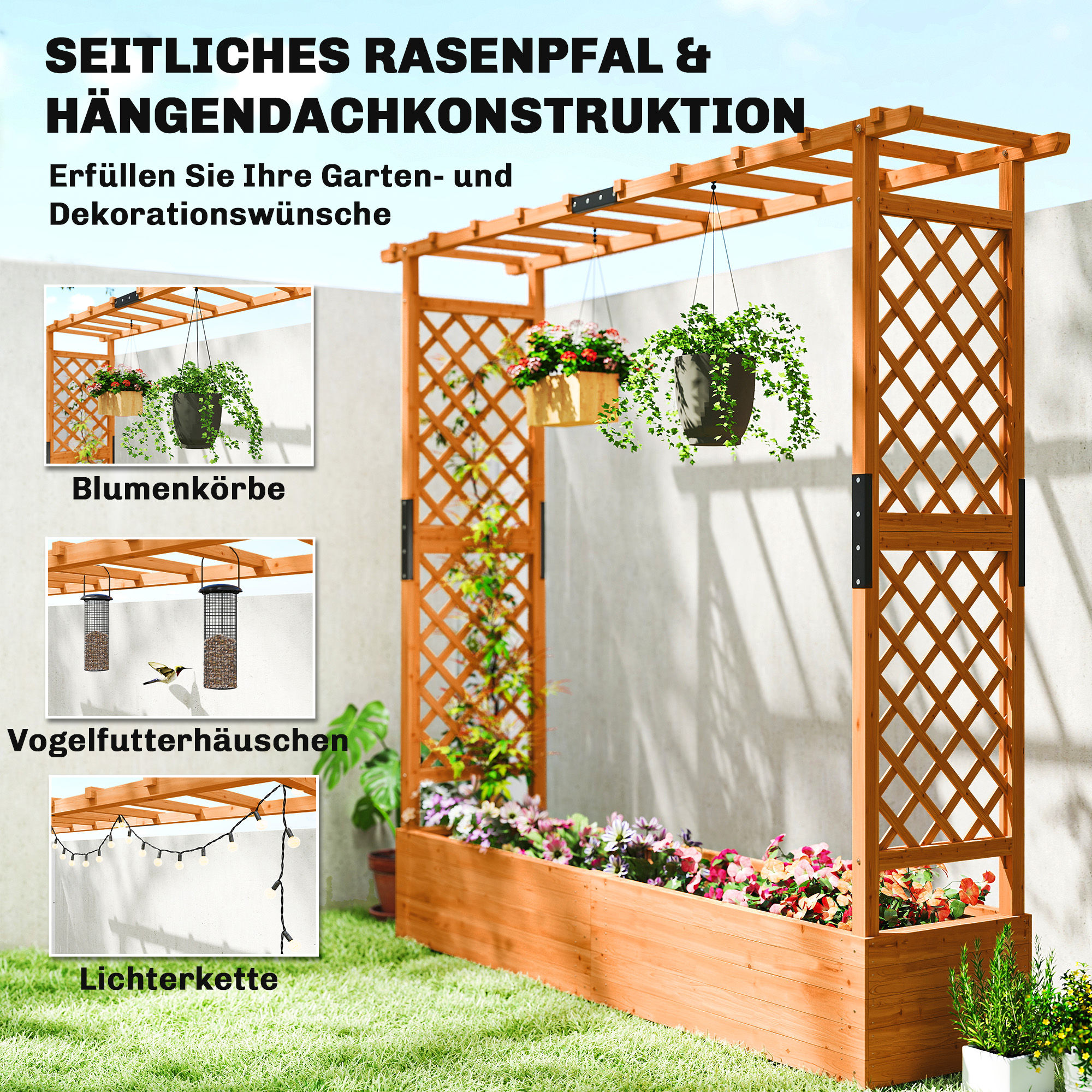 Hochbeet mit Rankengitter und Dach, für Blumen, Obst, Gemüse, Kräuter, 196 x 44 x 181 cm, Holz, Orange