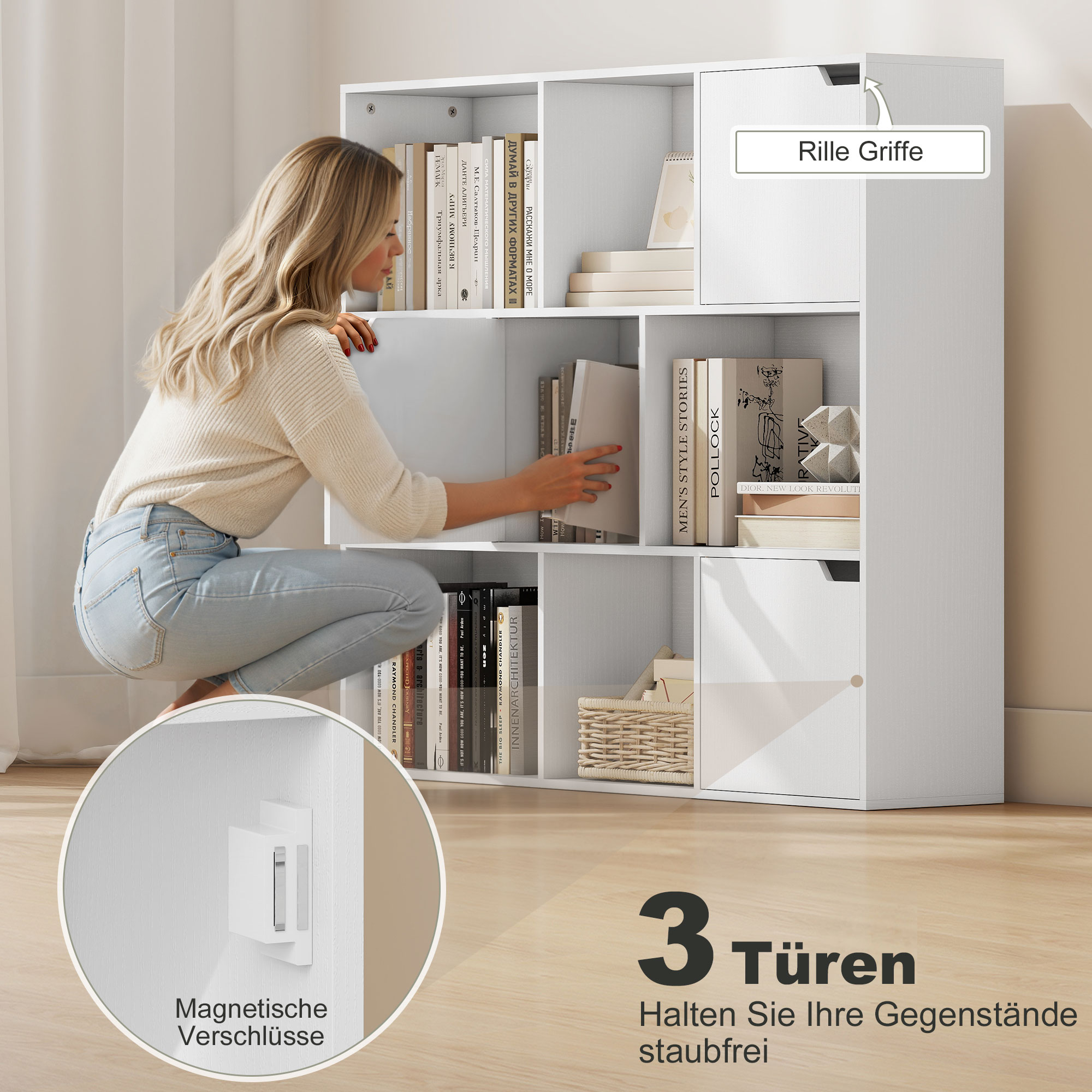Bücherregal, 9 Würfelfächer, 3 Türen, 6 offene Regale, für Wohnzimmer, Schlafzimmer, Spanplatte, Weiß