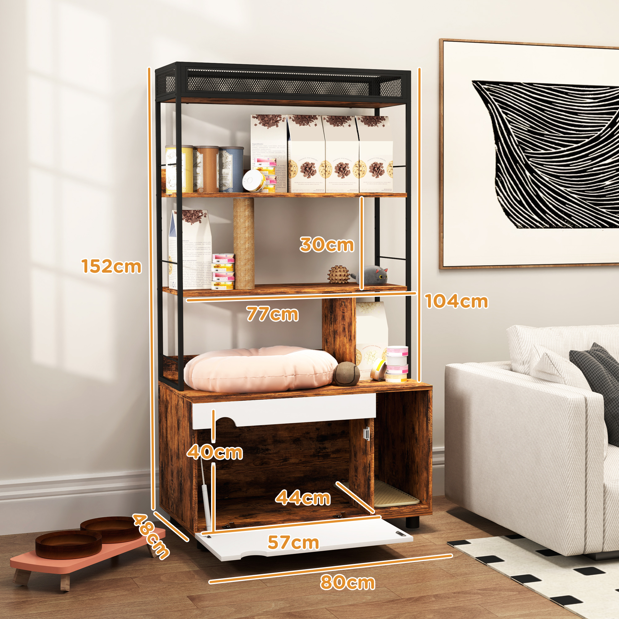 Katzentoilette mit 3-Ebenen-Regal und Kratzpfosten, geschlossenes Katzenklo, 80 x 48 x 152 cm, Braun