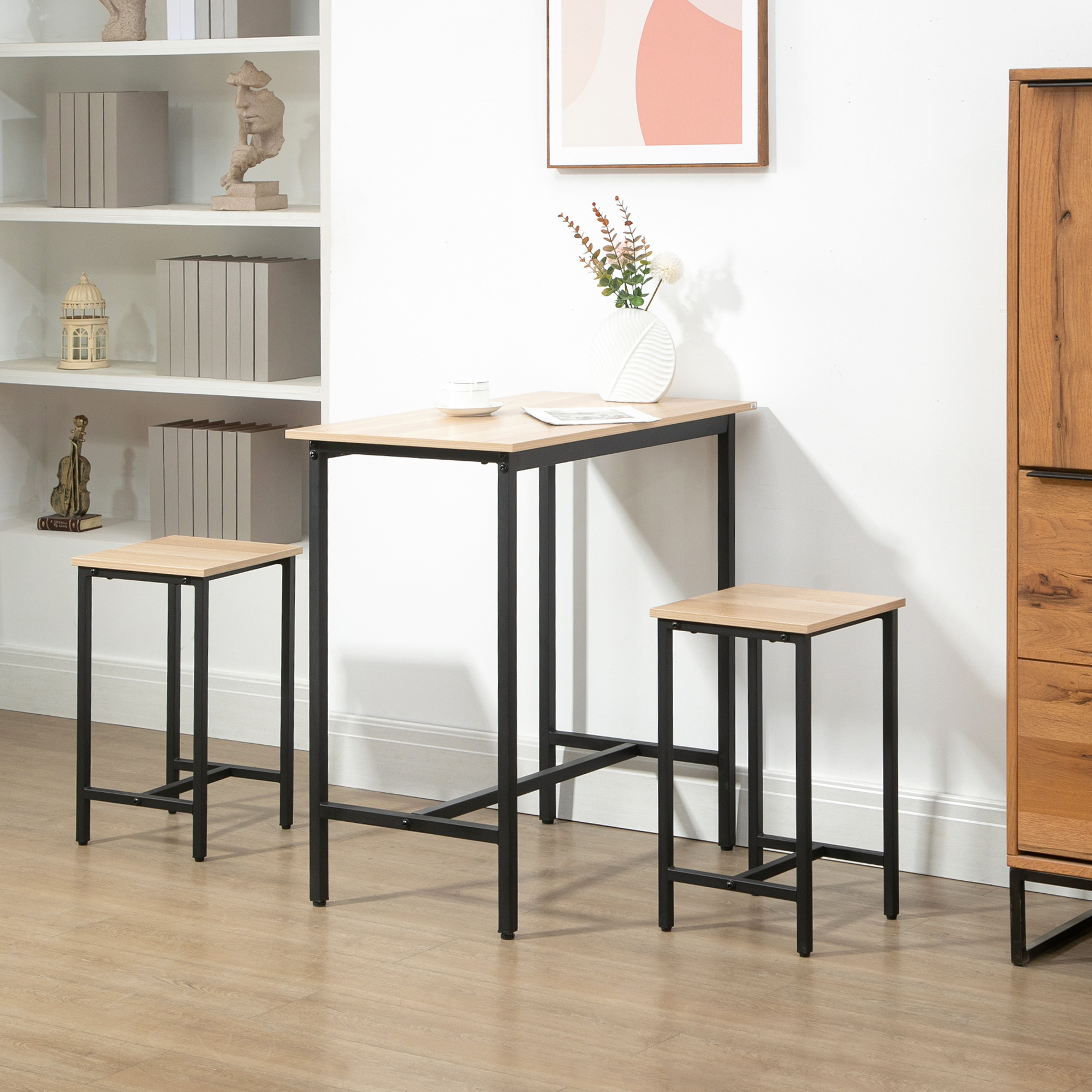 Bartisch-Set im Industrie-Design, 3-teilig, 1 Tisch, 2 Hocker, Schwarz + Natur