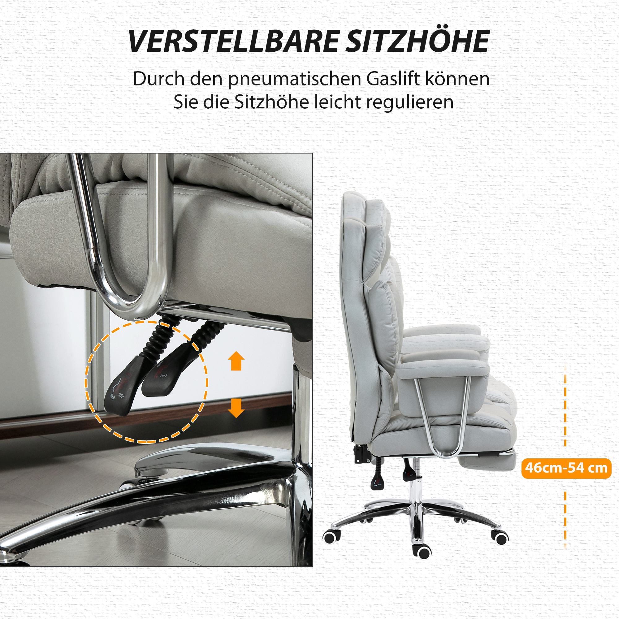 ergonomischer Bürostuhl, gepolstert, mit Fußstütze, verstellbarer Lehne, 360° drehbar, Hellgrau