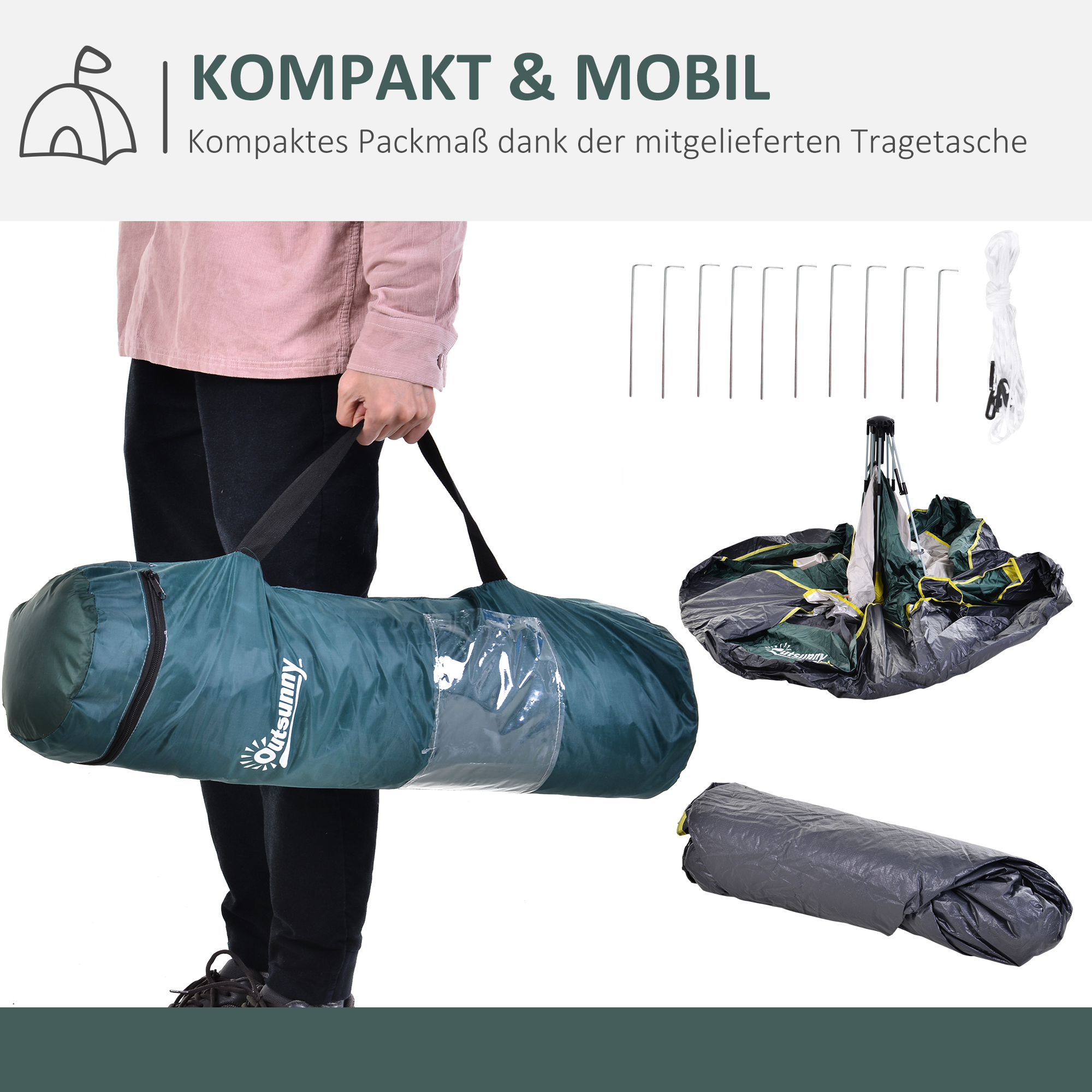 Campingzelt für 3 Personen Pop-up Kuppelzelt mit Fenster, Packtasche, Haken, Bodenplane, Familienzelt mit 1000mm Wassersäule Zelt für Camping Reise Trekking Garten