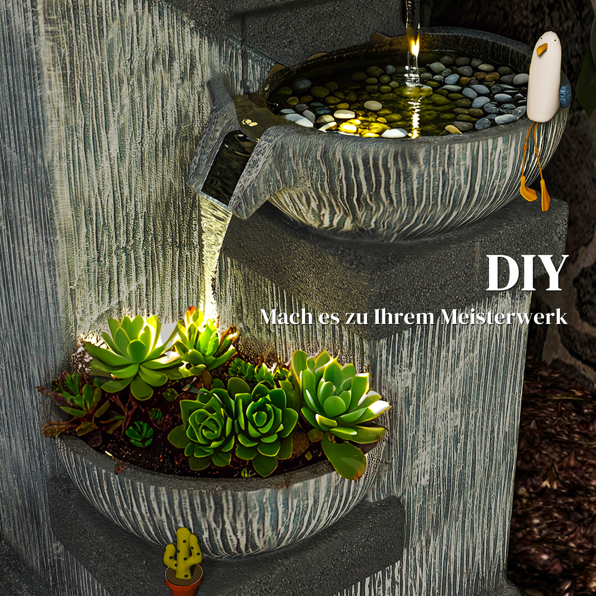 85 cm Outdoor-Brunnen, 4-stufiger Zierbrunnen, künstlicher Wasserfall mit LED-Beleuchtung und Pumpe, Grau