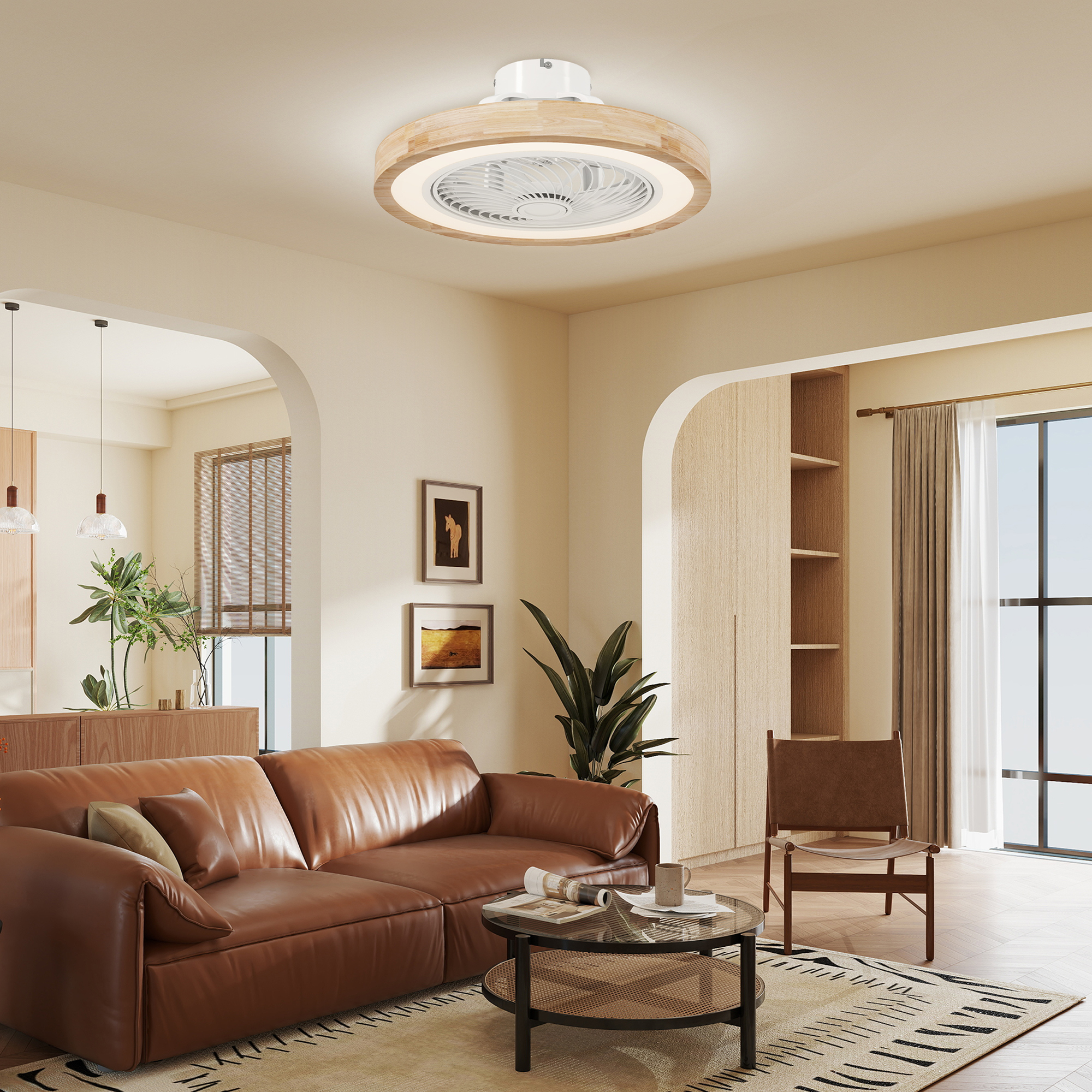 Deckenventilator mit Lampe und Fernbedienung, 6 Geschwindigkeiten, einstellbare Helligkeit, leiser Motor, Hellbraun