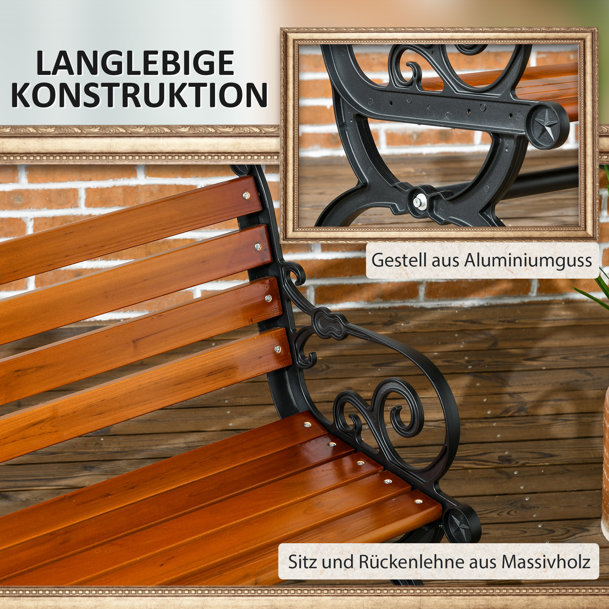 Sitzbank für 2 Personen, dekorative Armlehnen, für Garten & Terrasse, Gussaluminium+Naturholz, 120 x 64 x 79 cm, Teak