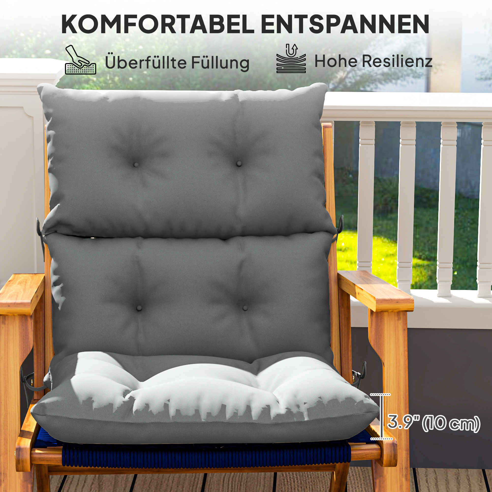 Sitzkissen, Dickes Polsterkissen für Sitzmöbel, mit Rückenlehne, Schaukelstuhlkissen, für drinnen und draußen, Hellgrau