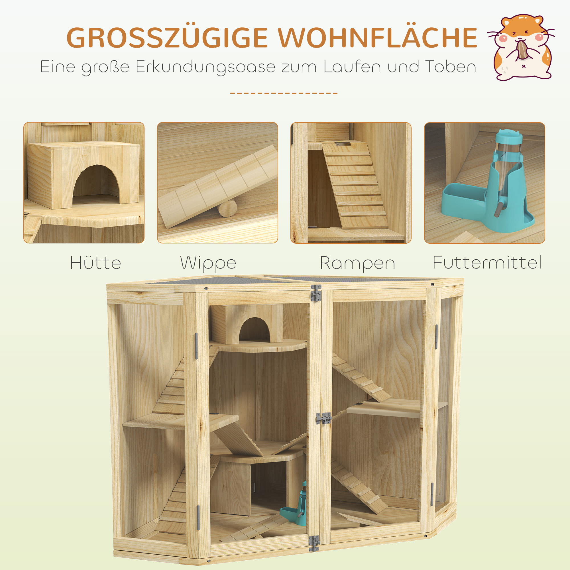 Hamsterkäfig, 4-Ebenen-Design, mit Fütterungsstation, Wippe, Rampe, Hütten, 115 x 69,5 x 79 cm, Holz