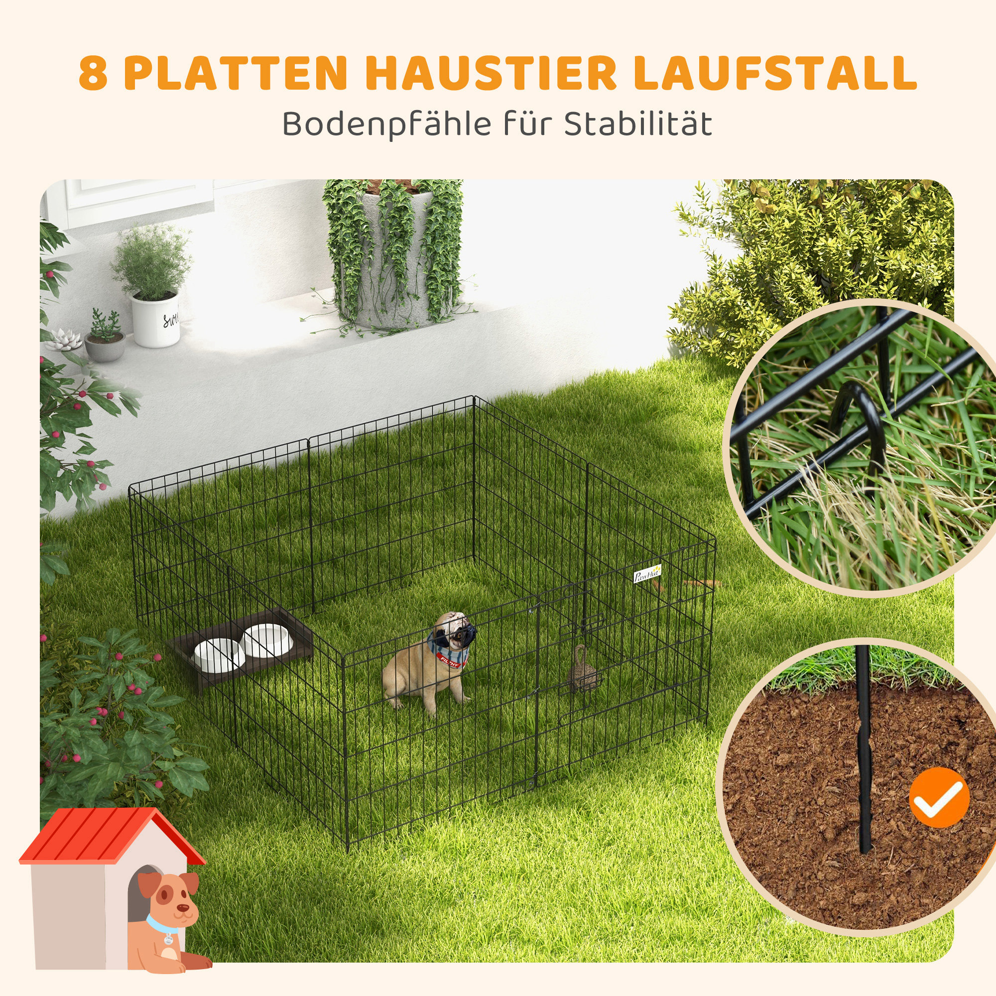 Haustierlaufstall, Spielgehege für Welpen und kleine Hunde, mit Tür, Indoor- und Outdoor-tauglich, 61 cm, Schwarz
