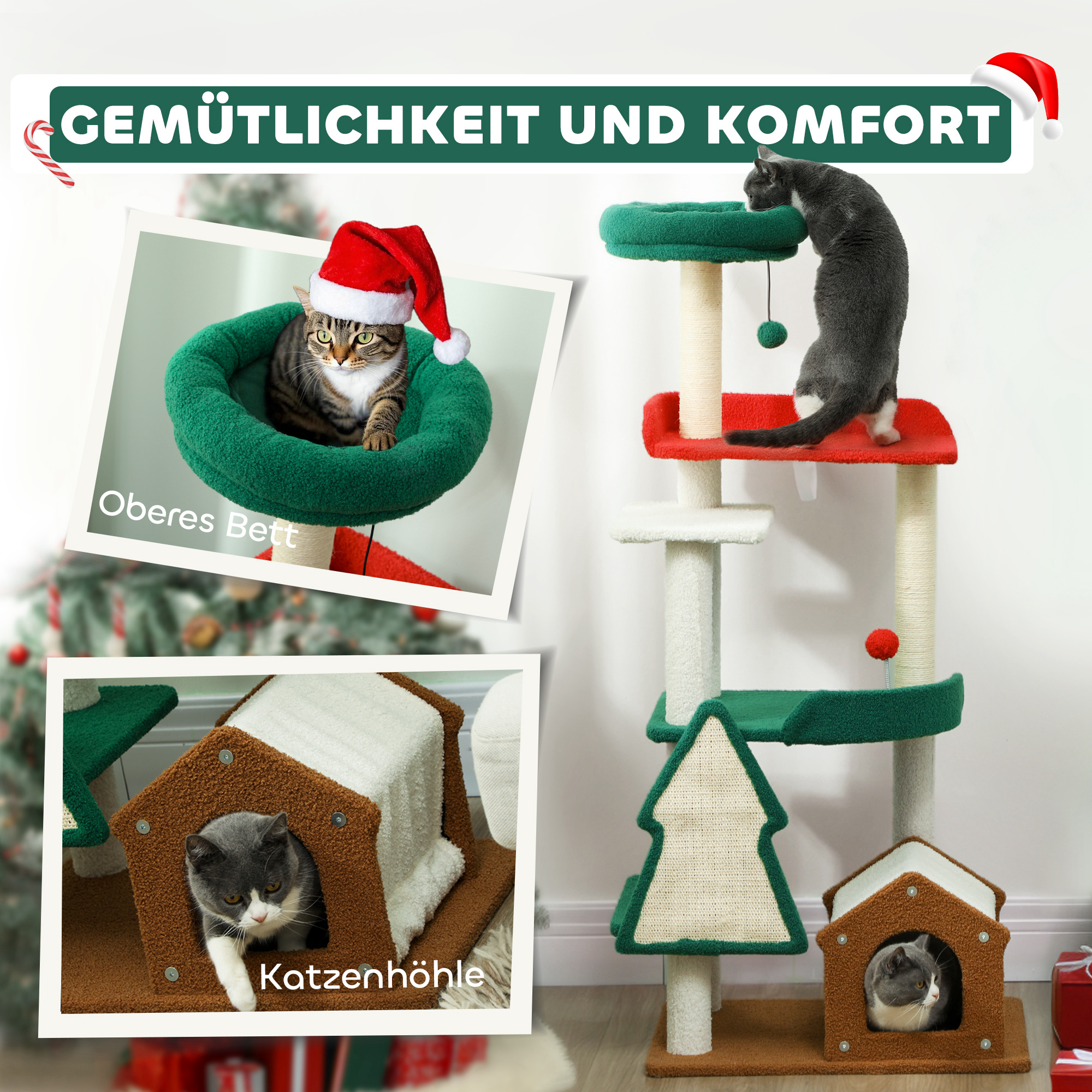 135 cm Katzenkratzbaum in Weihnachtsfarben mit Katzenbett, Katzenhaus, Kratzpfosten, Sprungplattformen, Spielzeugbällen