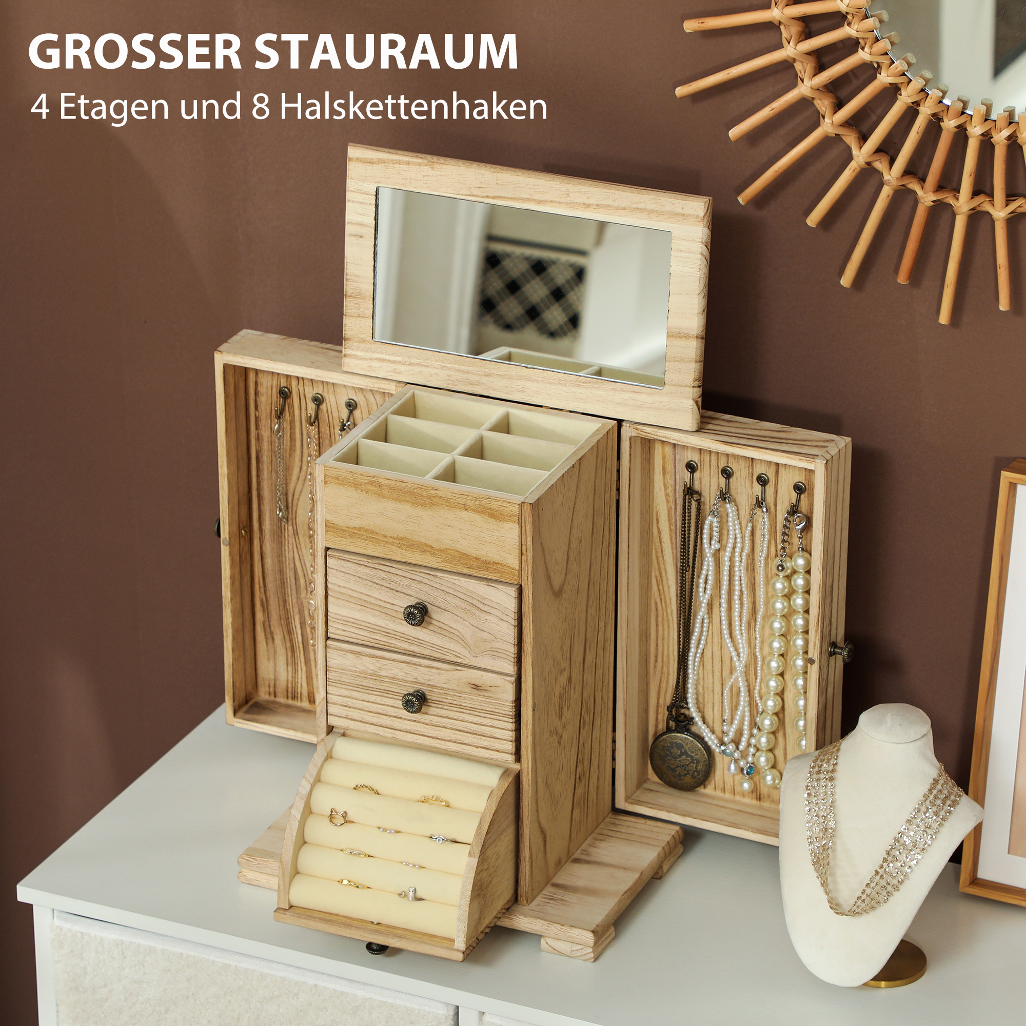Schmuckbox, Schmuckschatulle, 4-stufiges Layout, integrierter Spiegel, Holz, Braun