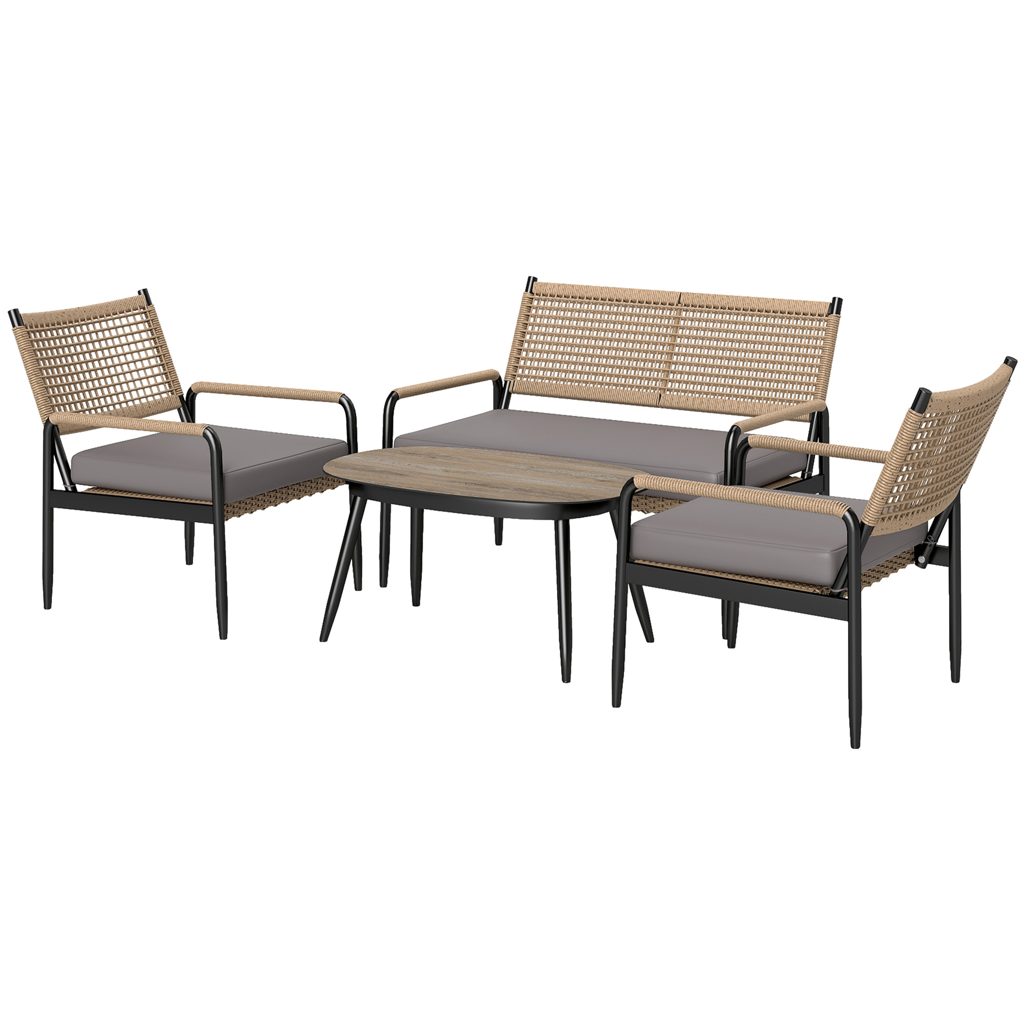 Gartenmöbel Set aus Polyrattan Lounge-Set mit 2er Sofa Sessel Glastisch Kissen für 4 Personen Dunkelgrau+Gelb