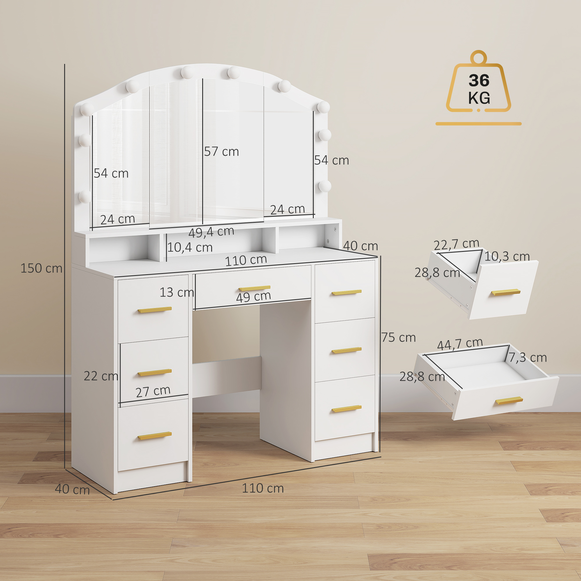 Schminktisch mit 10 LED-Hollywood-Lampen, Spiegel, 7 Schubladen, 3 Fächer, MDF, Weiß