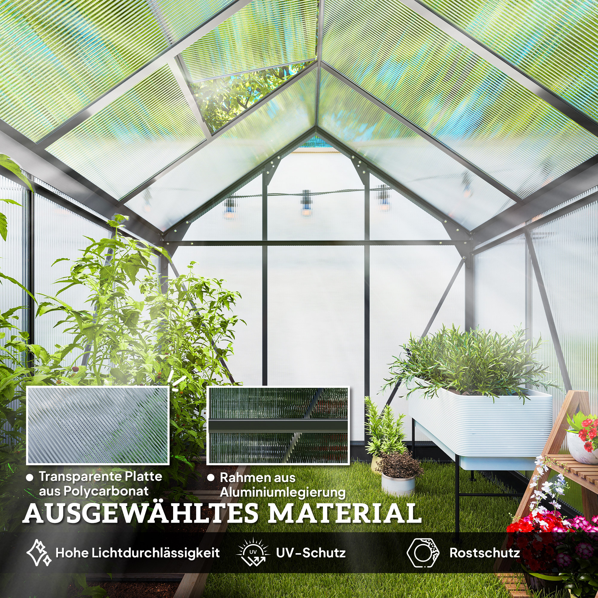 Gewächshaus Aluminium 3,65m² 190x192x201cm mit Fundament Dachfenster Schiebetür 4 mm Platten, UV-beständig