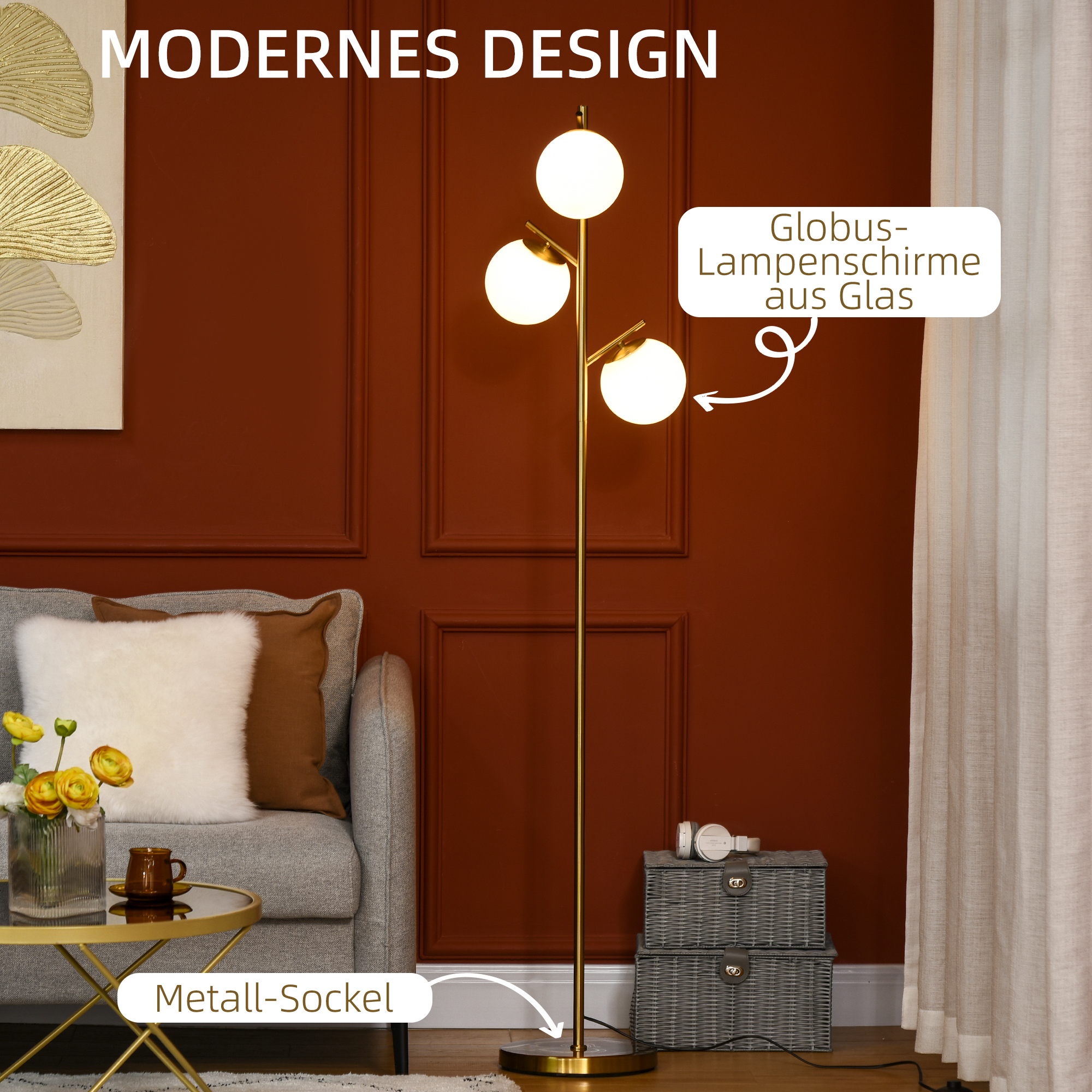 Stehleuchte im Retro-Design, Stehlampe, Stehlampe mit 3 Lampenschirmen, Glas, Gold