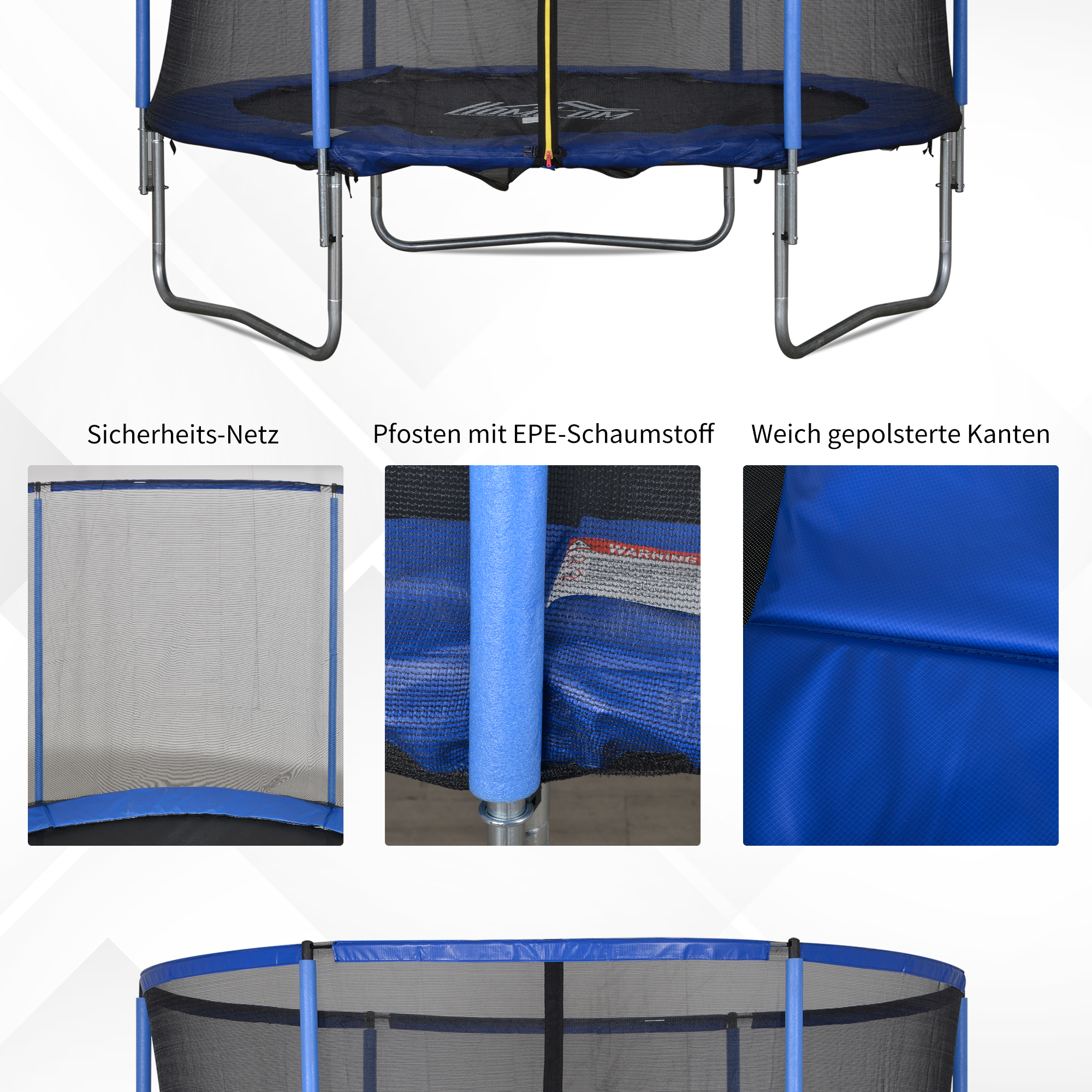 Trampolin mit Sicherheitsnetz Gartentrampolin für Innen- und Außenbereich Fitnesstrampolin für Jugendliche und Erwachsene Stahl Blau+Schwarz bis 113,6 kg Ø244 x 240H cm