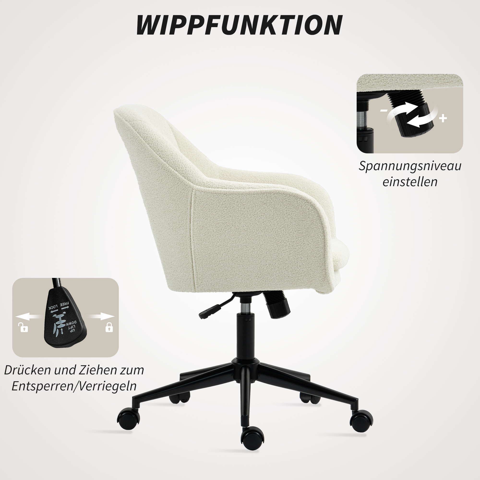 Bürostuhl mit Stoffbezug in Samtoptik, Schminkstuhl mit gewölbter Rückenlehne, für Schlafzimmer, Wohnzimmer, Beige