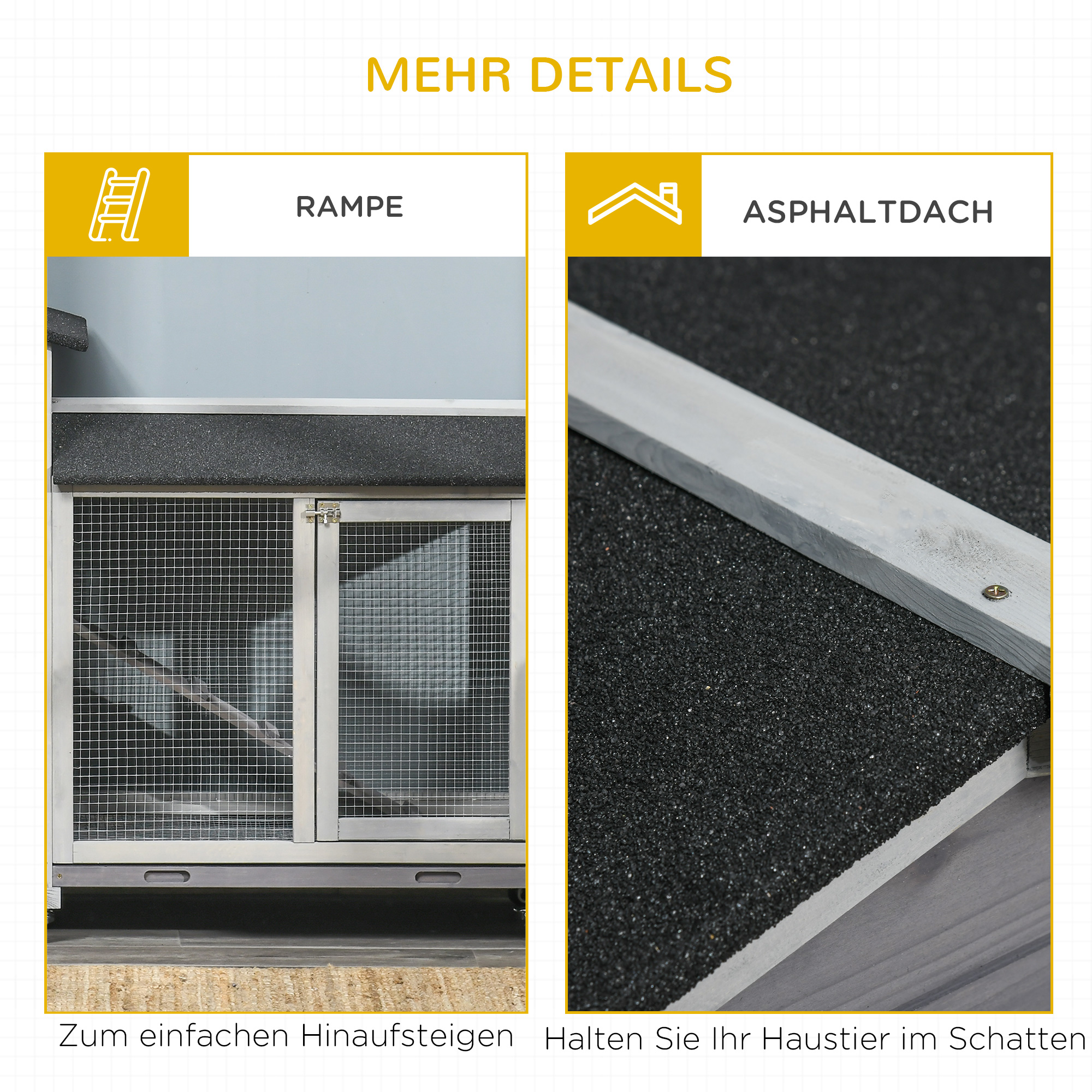Hasenstall 2 Etagen Kaninchenstall aus Holz 157,4 x 53 x 99,5 cm Kaninchenkäfig mit wetterfest Bitumendach, Freilaufgehege, Rampe, Tür, Stahlgitter, Hasenkäfig für Kaninchen, Outdoor Grau
