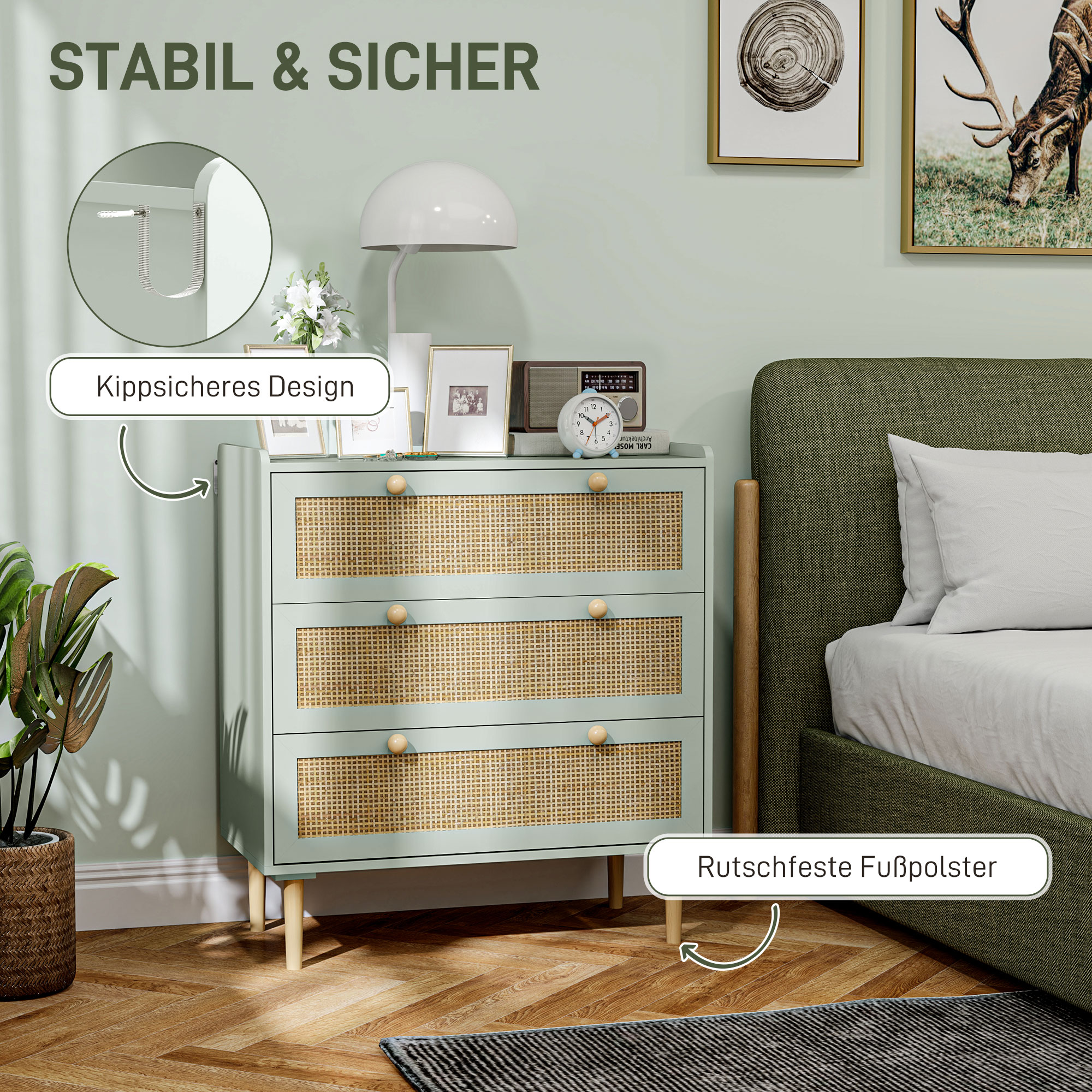 Schlafzimmer-Kommode mit 3 Schubladen, Rattan-Fronten, Kleiderkommode für Flur, Eingangsbereich, MDF, Grün