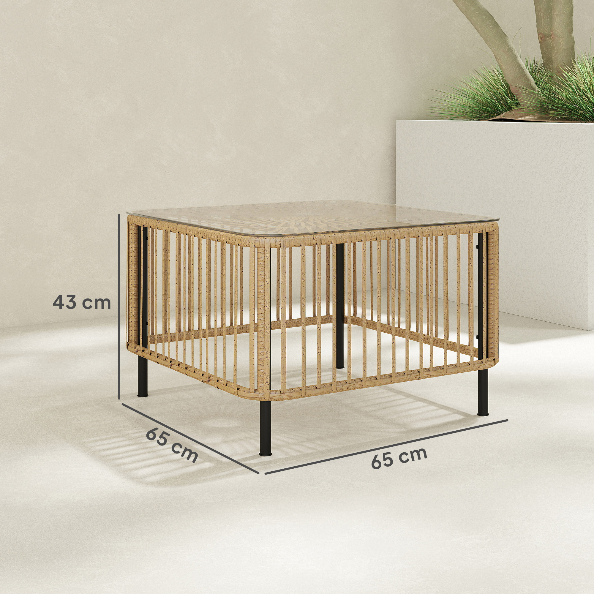 Polyrattan Gartentisch, 65 x 65 x 43 cm, wetterfest Beistelltisch quadrarisch mit Glasplatte Naturholz