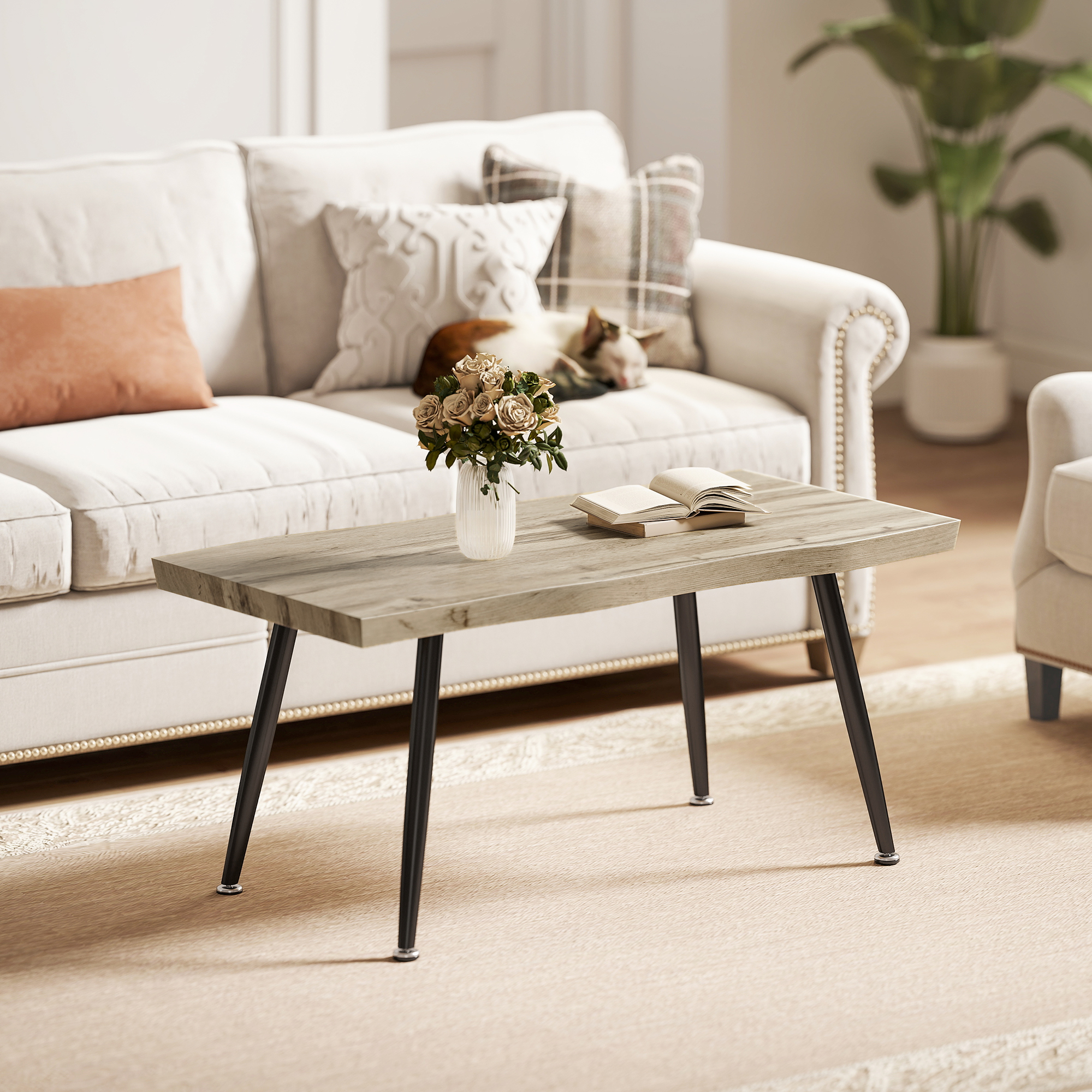 Couchtisch Beistelltisch mit Stahlbeine, 4 cm dicker Tischplatte Wohnzimmertisch 100 x 50 x 45 cm Eiche+Schwarz