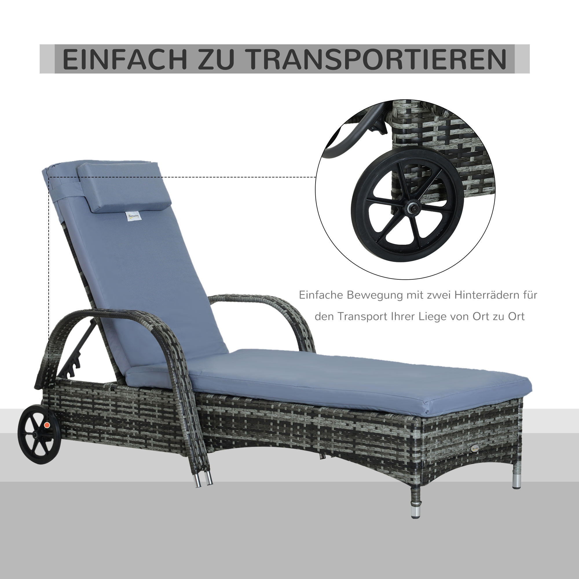 Sonnenliege Polyrattan Gartenliege mit 5-Fach verstellbarer Rücklehne, Polsterauflage, Rollen, Kissen, 160 kg belastbar Relaxliege Liegestuhl für Garten, 200x73x30-103cm, Grau