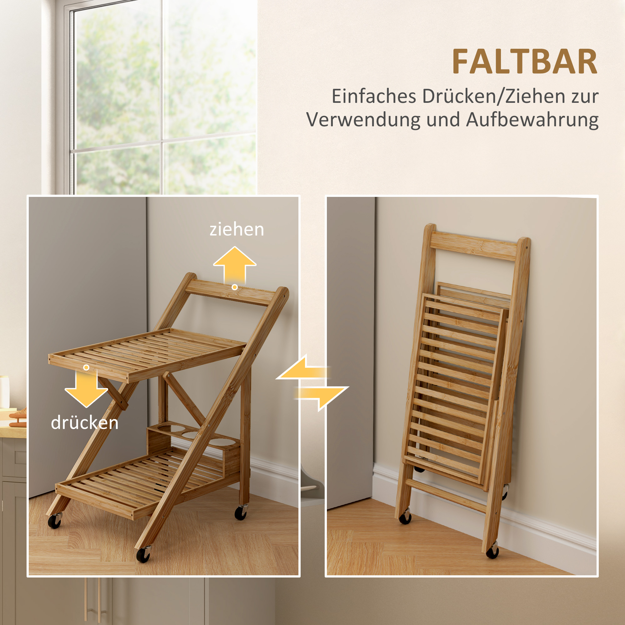 Küchenwagen auf Rädern, Servierwagen mit 3 Weinregalen, 2 Tabletts, für Küche, Esszimmer, Bambusholz, Hellbraun