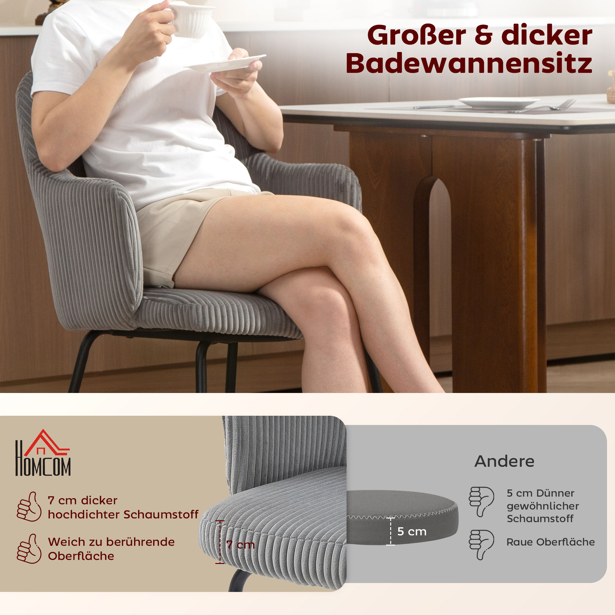 Esszimmerstuhl, Cordbezug, Schalenform, Metallbeine, Fußpolster, Grau