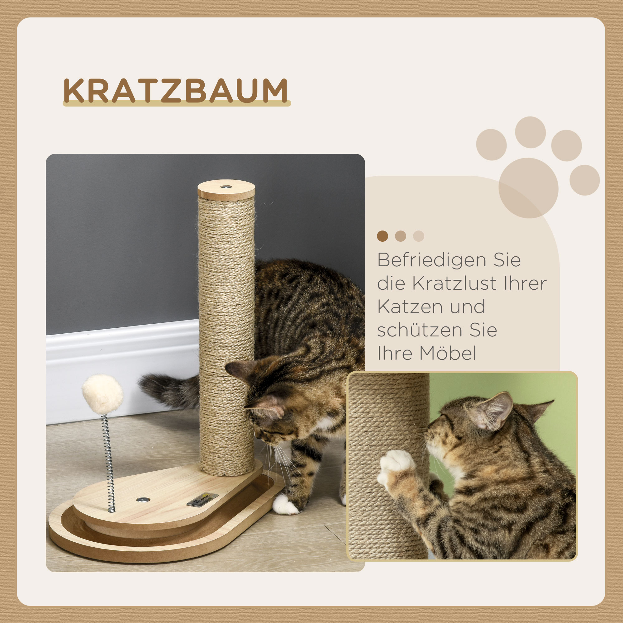 Kratzbaum für Kitten inkl. Spielzeug, Kugelbahn, Kugel mit Feder, 35 cm x 23 cm x 40 cm, Natur