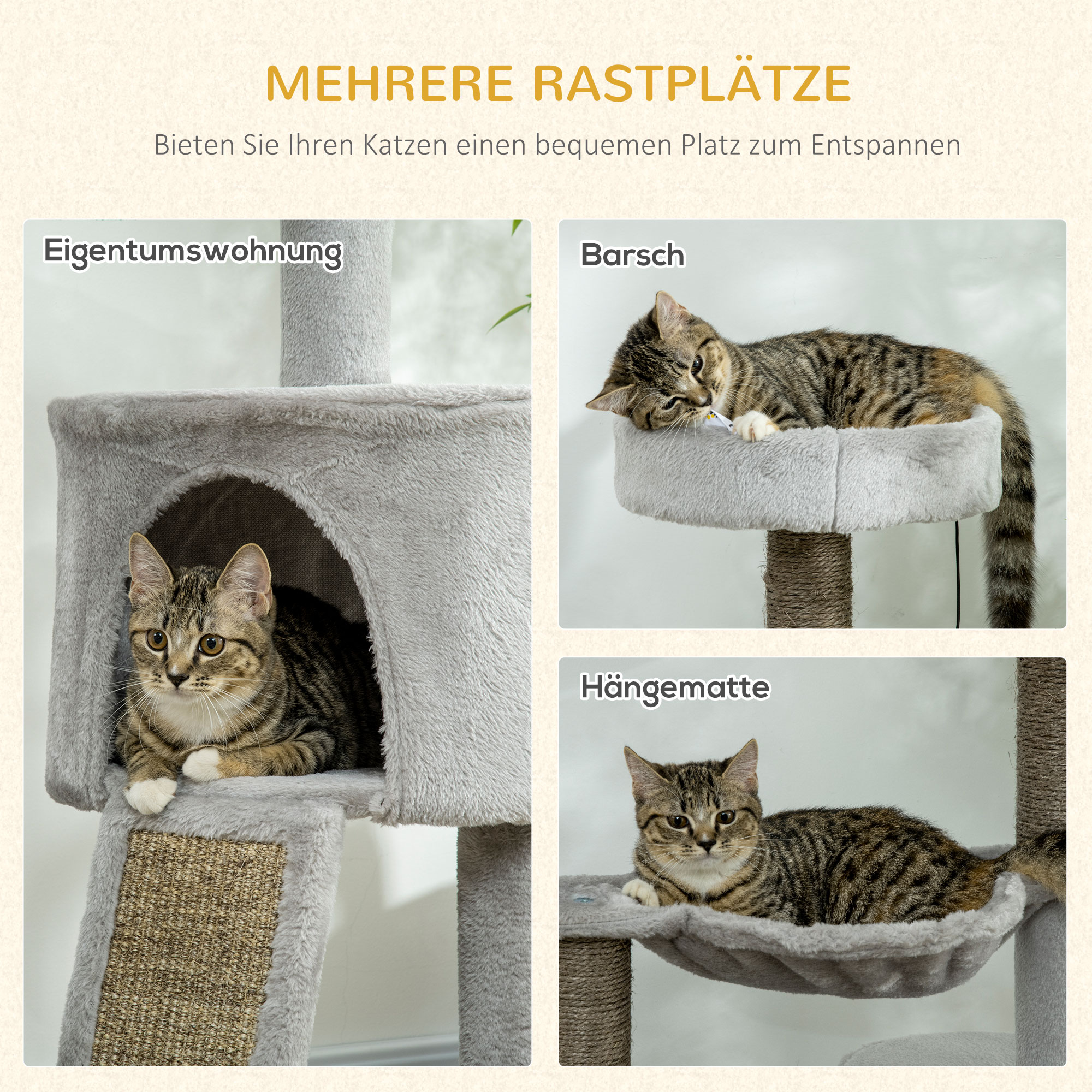 Kratzbaum inkl. Katzenhöhle, Katzenbett, Katzenhängematte und Spielzeug 60 cm x 40 cm x 113 cm, Hellgrau