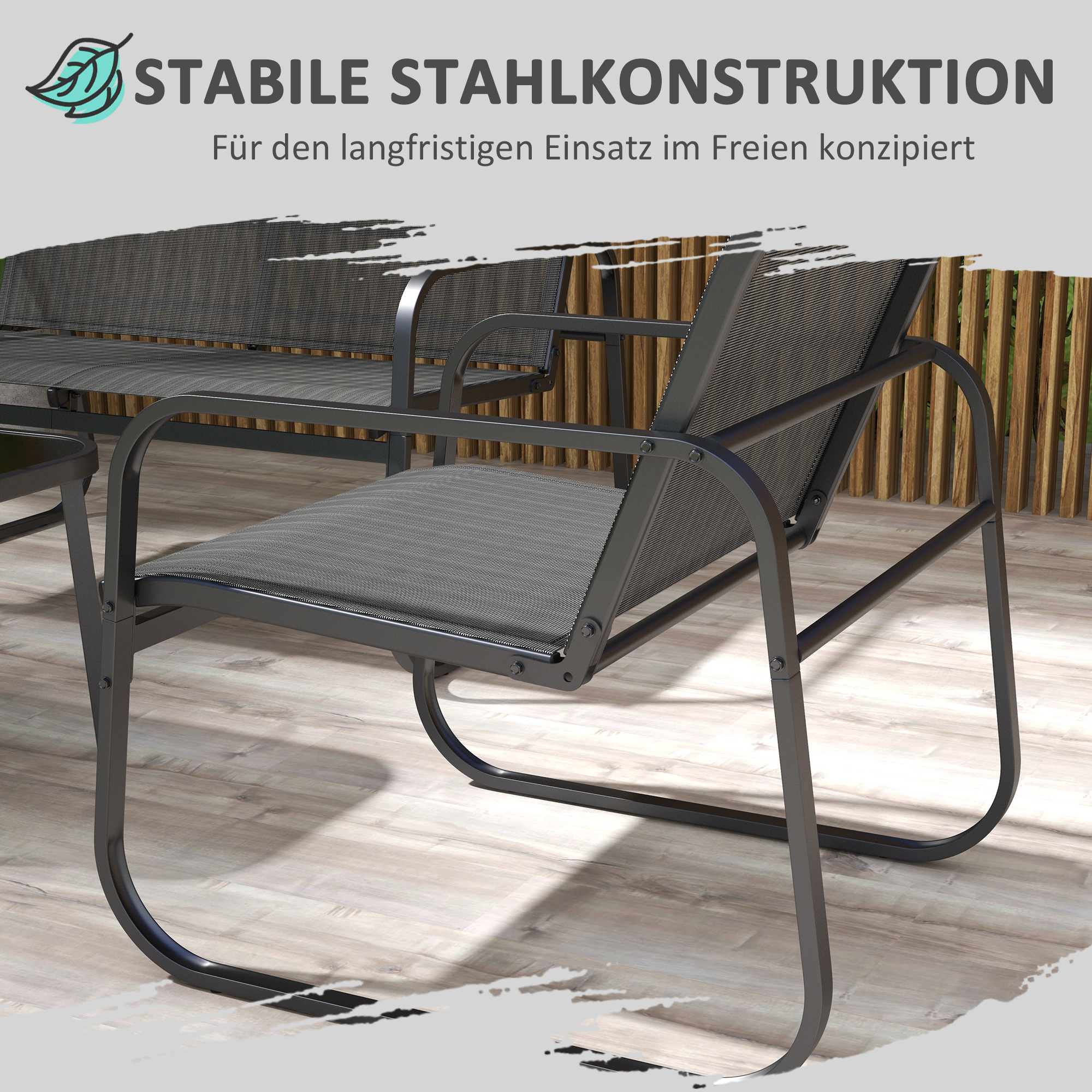 4-teilige Gartengarnitur, 2 Sessel, 2-Sitzer-Sofa, Tisch mit Glasplatte, atmungsaktiver Stoff, Metallrahmen, Schwarz