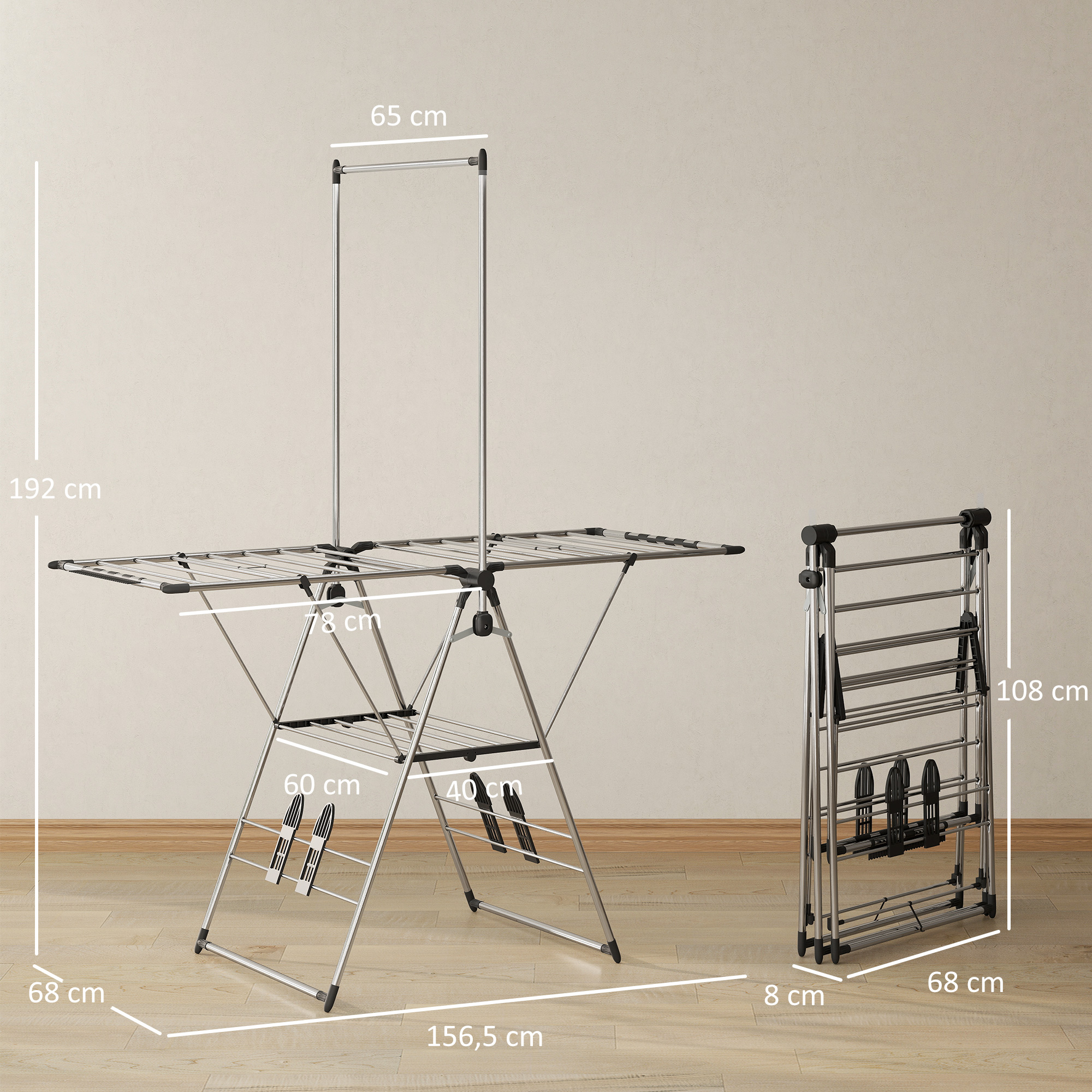 Wäscheständer faltbar Standtrockner mit verstellbare Flügel, Schuhhaltern, Edelstahl, 156,5 x 68 x 192 cm, Silber