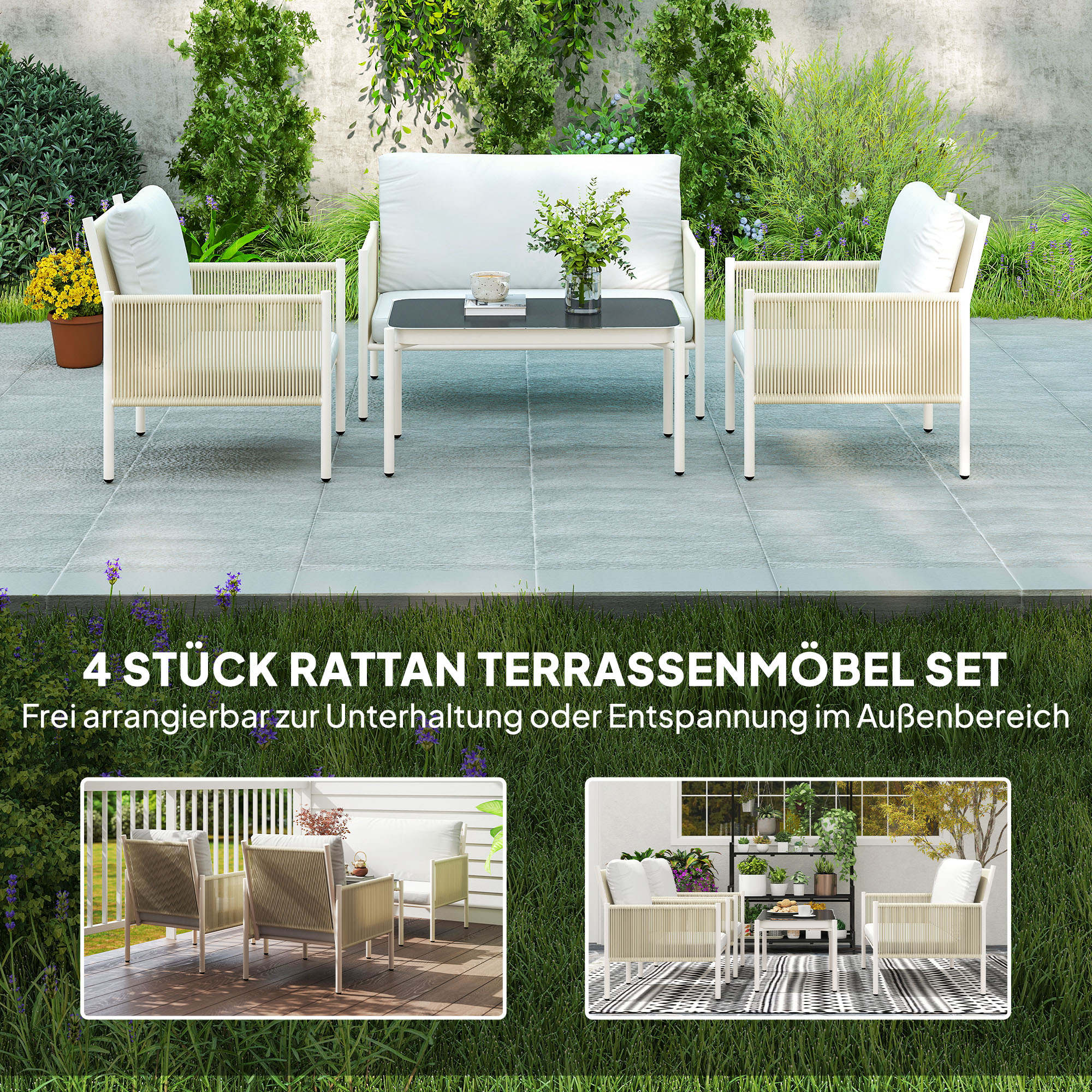 Gartenmöbel Set aus Polyrattan Lounge-Set mit 2er Sofa Sessel Glastisch Kissen 4 Personen Braun+Grau