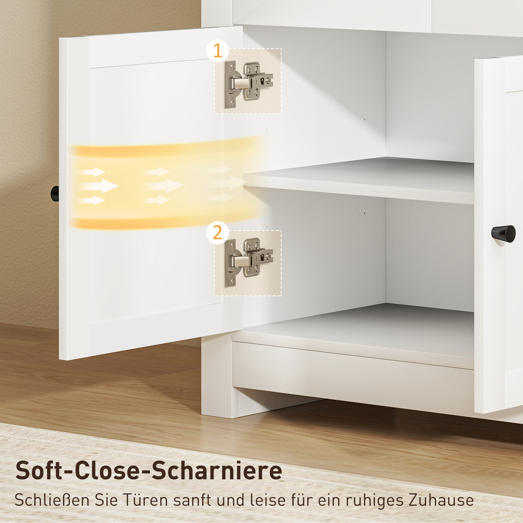 Kommode mit viel Stauraum, Sideboard mit Soft-Close-Türen, 2 Schubladen, verstellbares Regal, Weiß